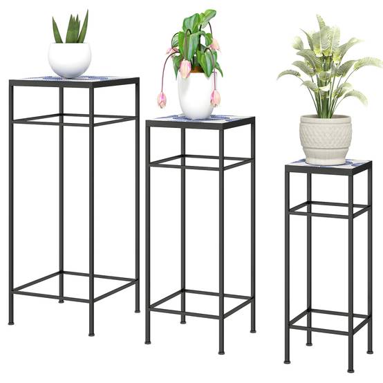 Set 3 supports plantes, 3 tailles, présenter fleurs et objets, bleu + blanc - Image 2