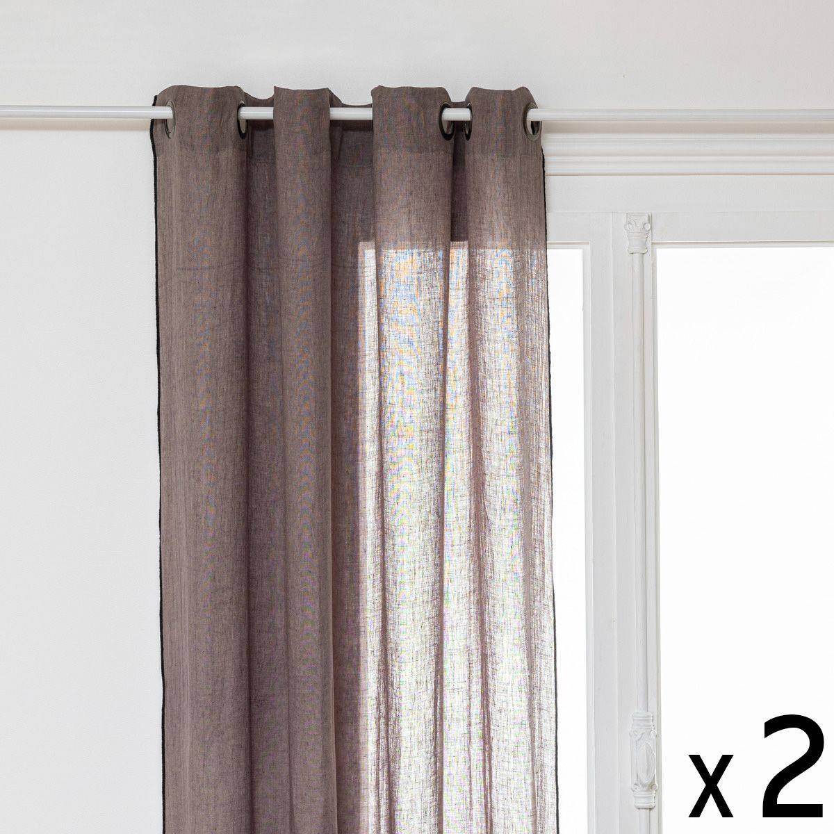 Atmosphera - Lot de 2 Rideaux à œillets en Lin Gris avec surpiqûre noire 130 x 260 cm - Image 1