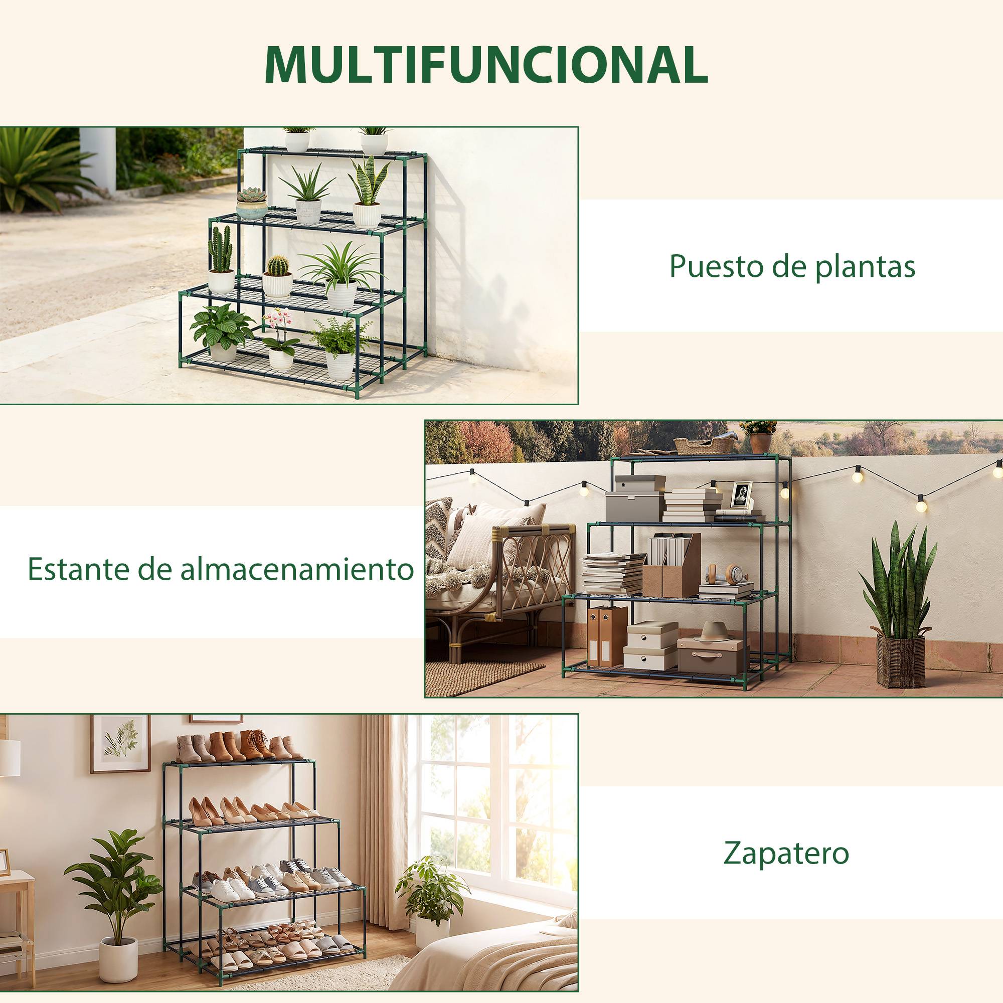Support à plantes à 4 niveaux avec échelle et structure métallique robuste pour une utilisation intérieure et extérieure (vert) - Image 8