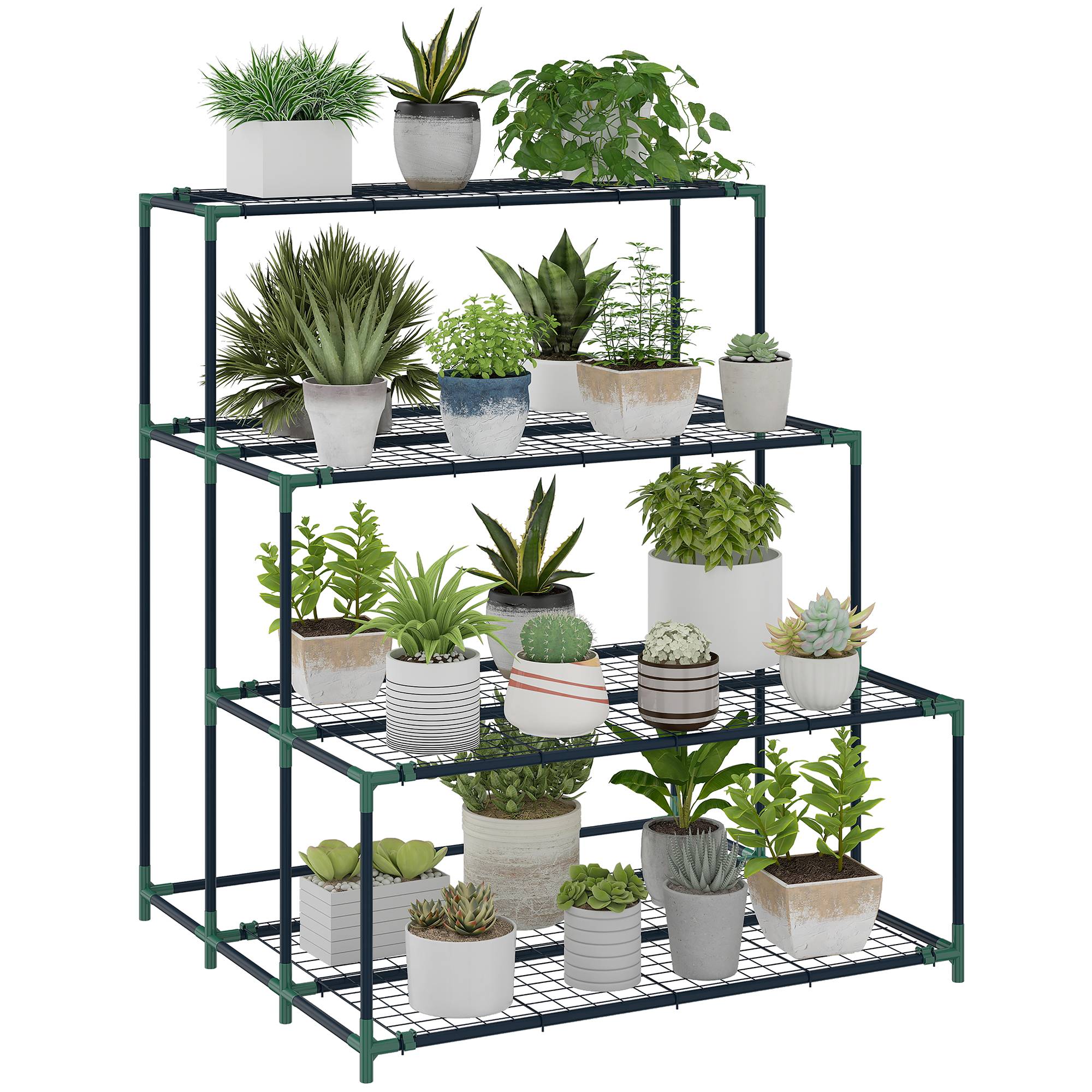 Support à plantes à 4 niveaux avec échelle et structure métallique robuste pour une utilisation intérieure et extérieure (vert) - Image 1