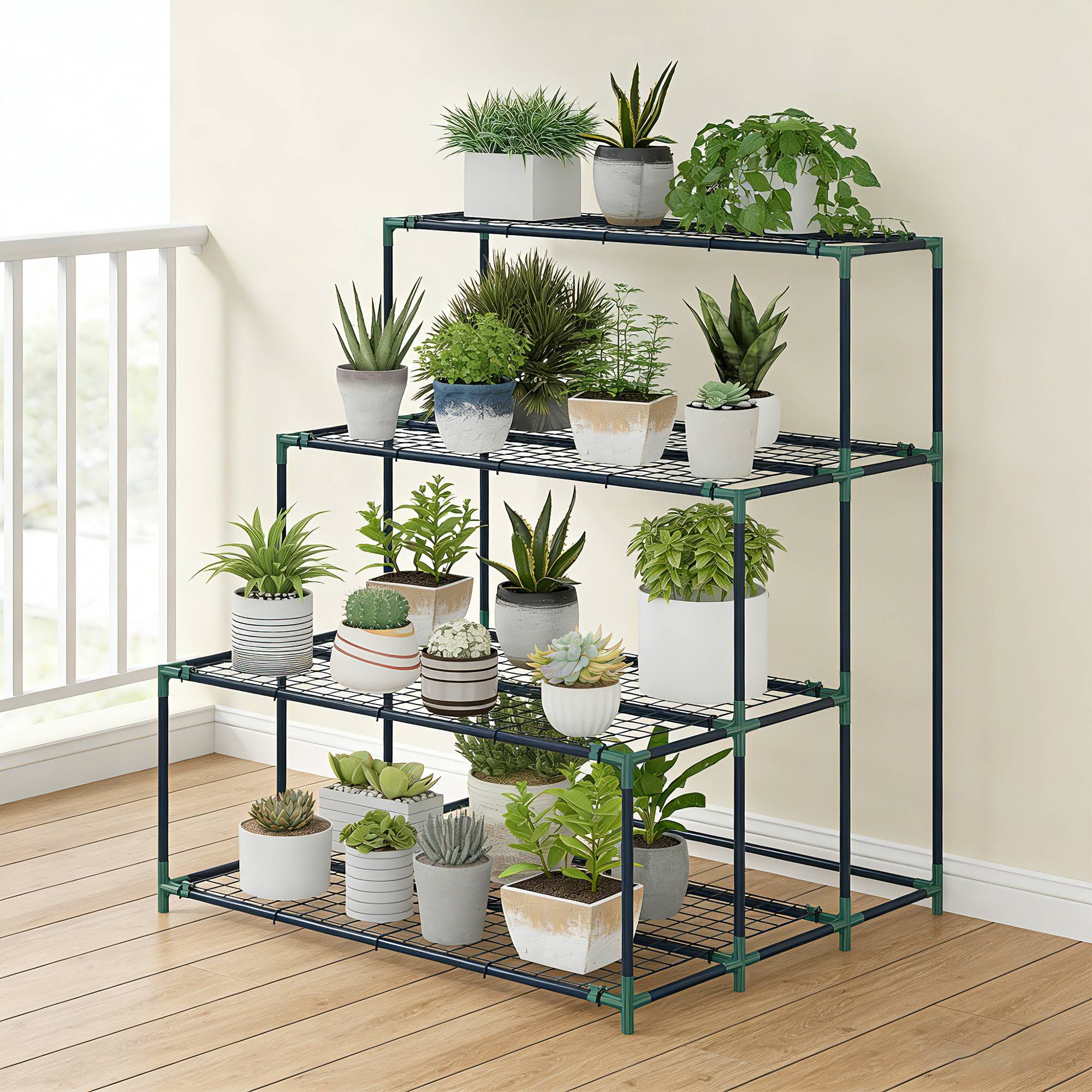 Support à plantes à 4 niveaux avec échelle et structure métallique robuste pour une utilisation intérieure et extérieure (vert) - Image 9