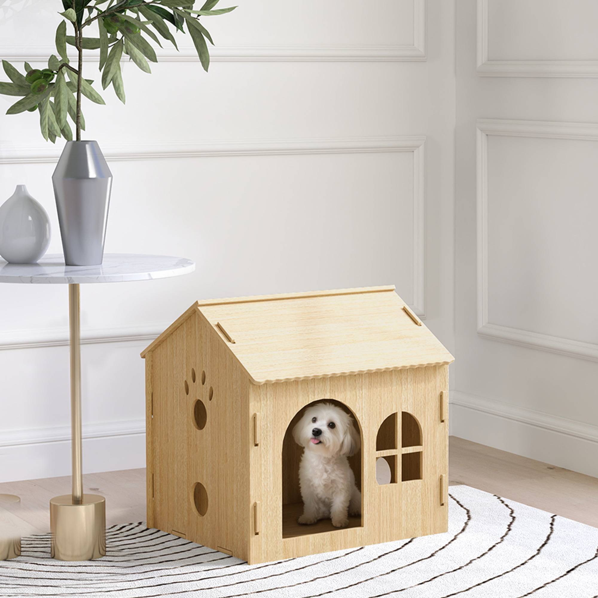 Niche d'Intérieur pour Petit Chien et Chat en MDF Design Patte Ajourée Facile à Nettoyer 49,5x41x51 cm Chêne - ComfortXL Outdoor Living - Image 4