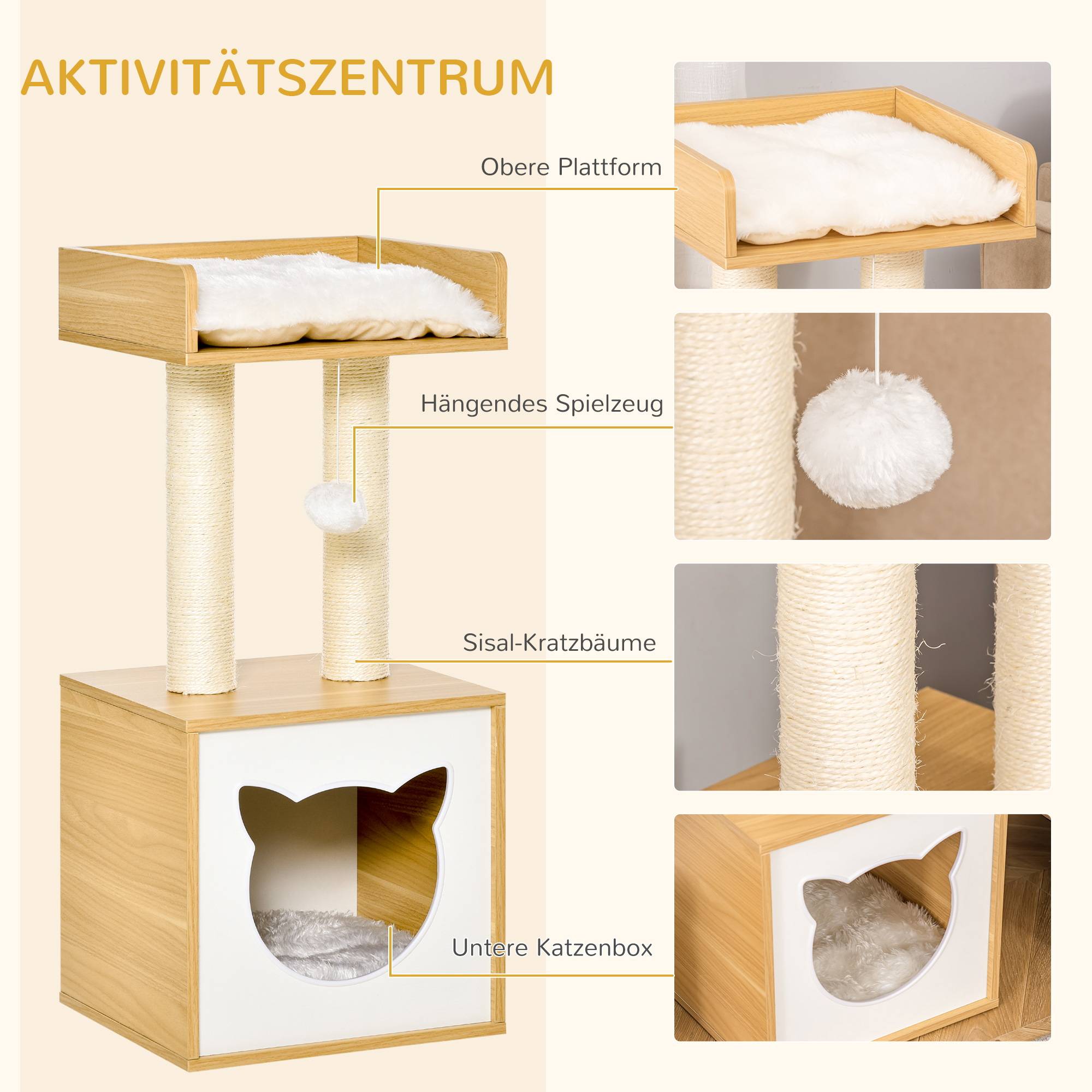 Sans Marque - Cabanne avec coussin lavable, plateforme, colonne, balle, 35x35x81 cm, Chêne - Image 8
