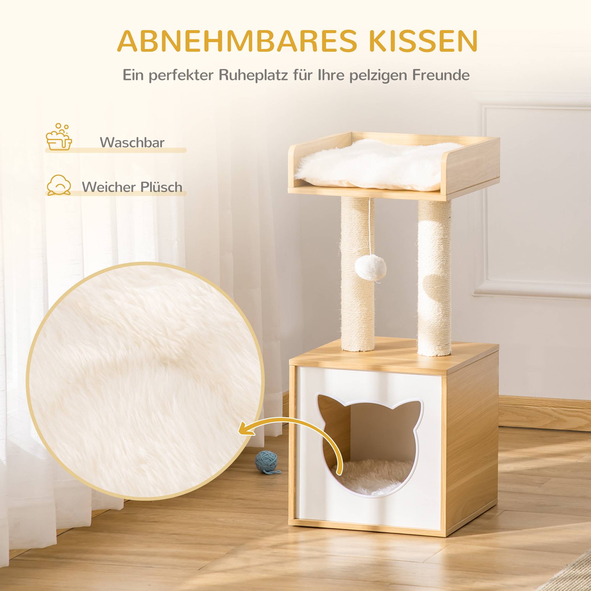 Sans Marque - Cabanne avec coussin lavable, plateforme, colonne, balle, 35x35x81 cm, Chêne - Image 7