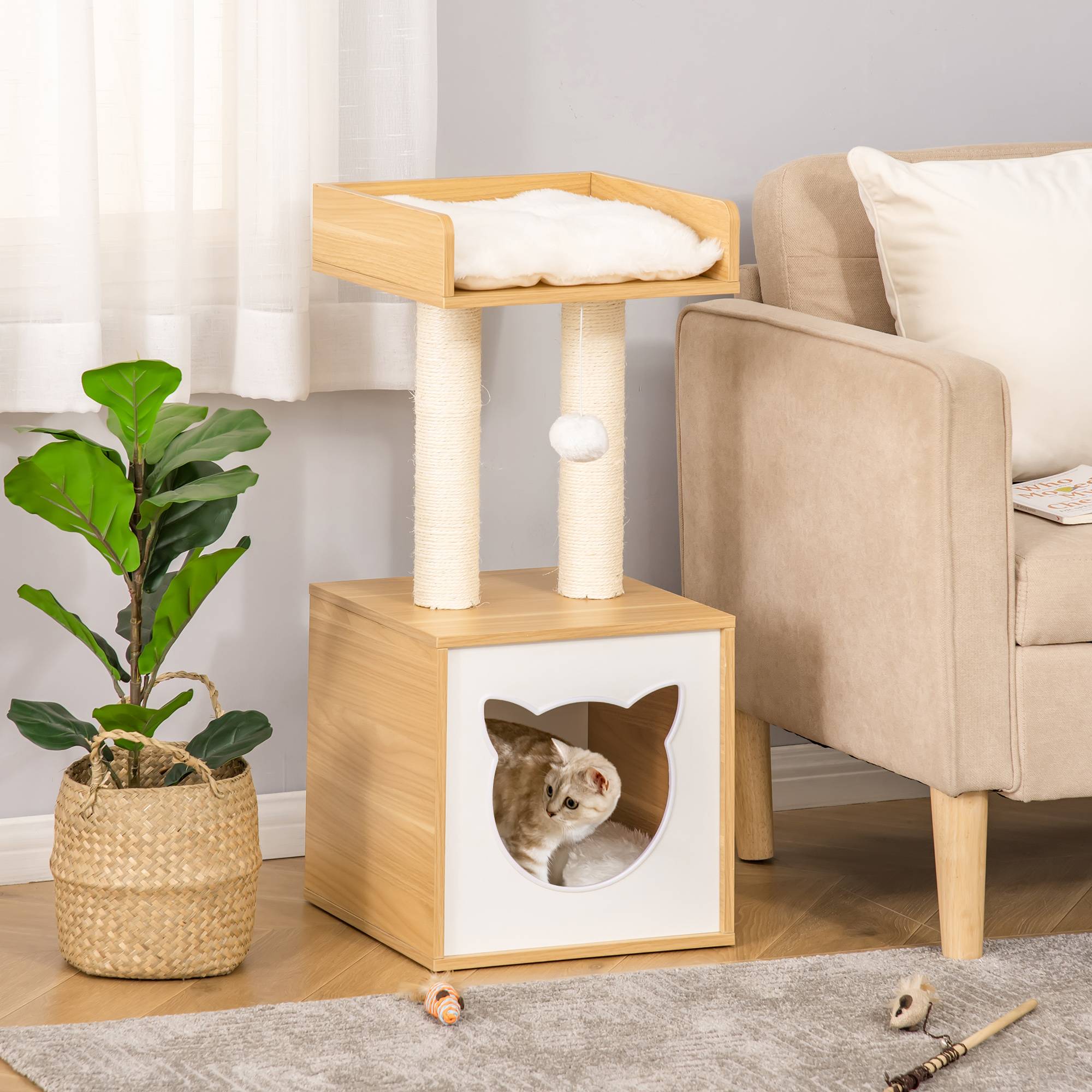Sans Marque - Cabanne avec coussin lavable, plateforme, colonne, balle, 35x35x81 cm, Chêne - Image 3