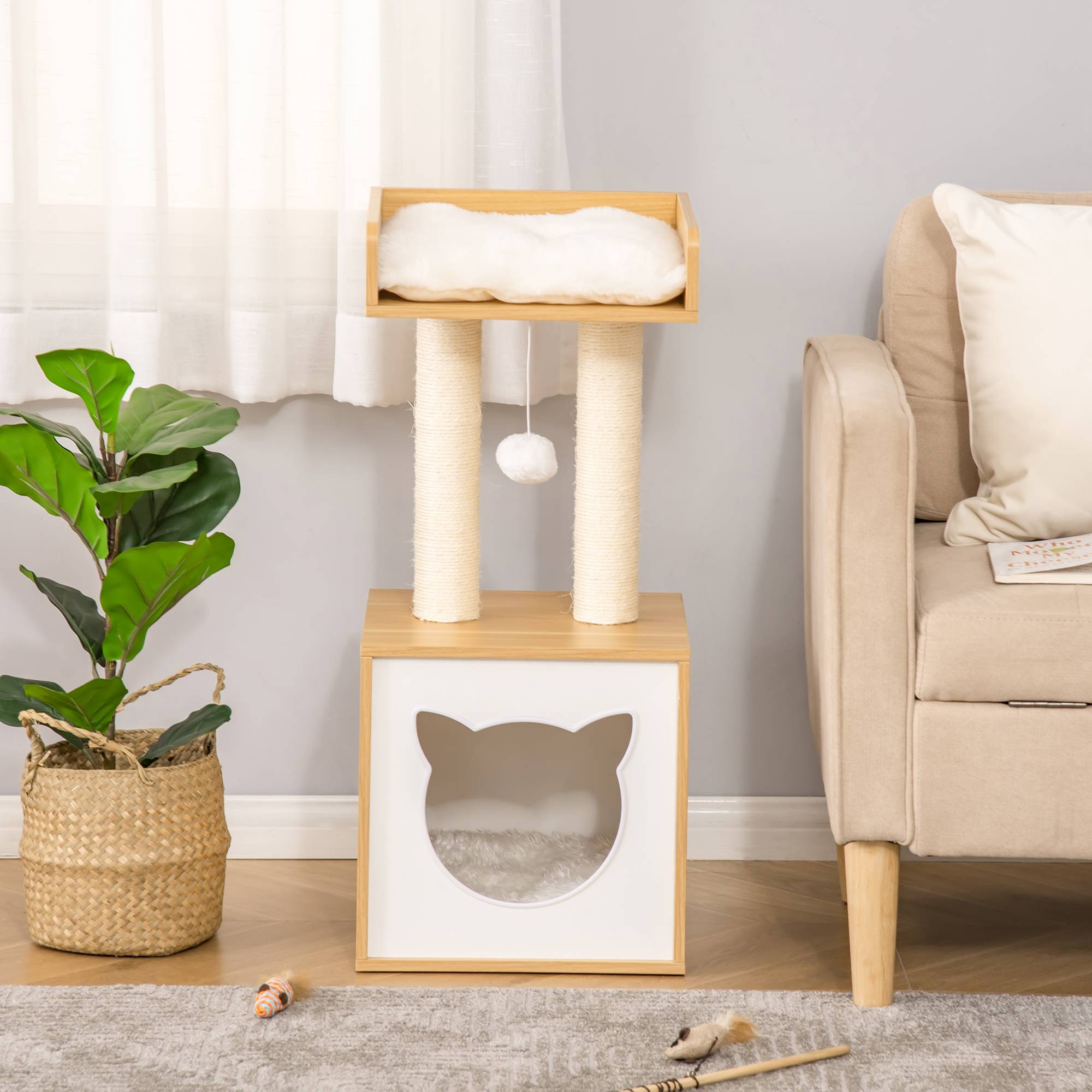 Sans Marque - Cabanne avec coussin lavable, plateforme, colonne, balle, 35x35x81 cm, Chêne - Image 10