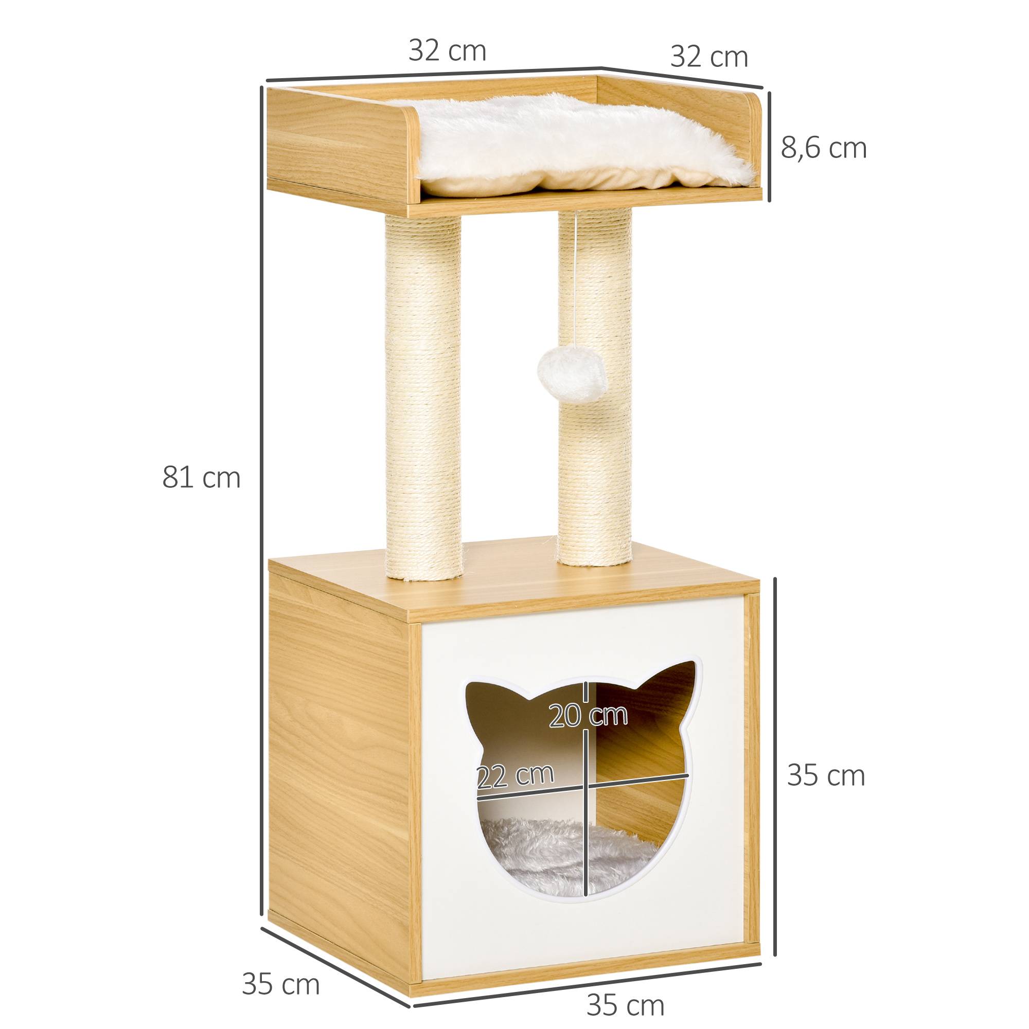 Sans Marque - Cabanne avec coussin lavable, plateforme, colonne, balle, 35x35x81 cm, Chêne - Image 5