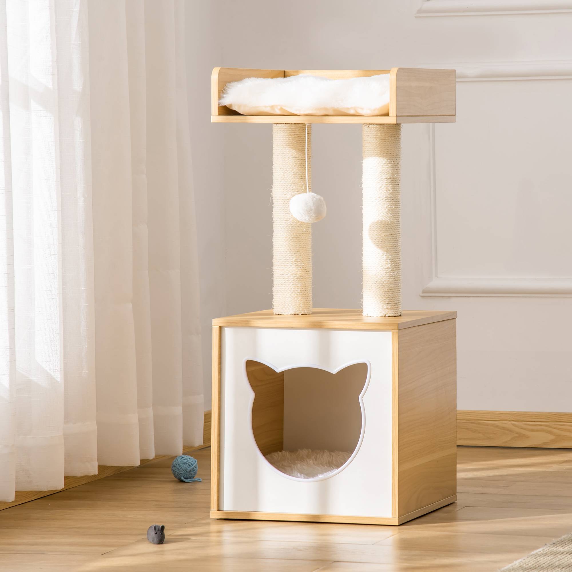 Sans Marque - Cabanne avec coussin lavable, plateforme, colonne, balle, 35x35x81 cm, Chêne - Image 4