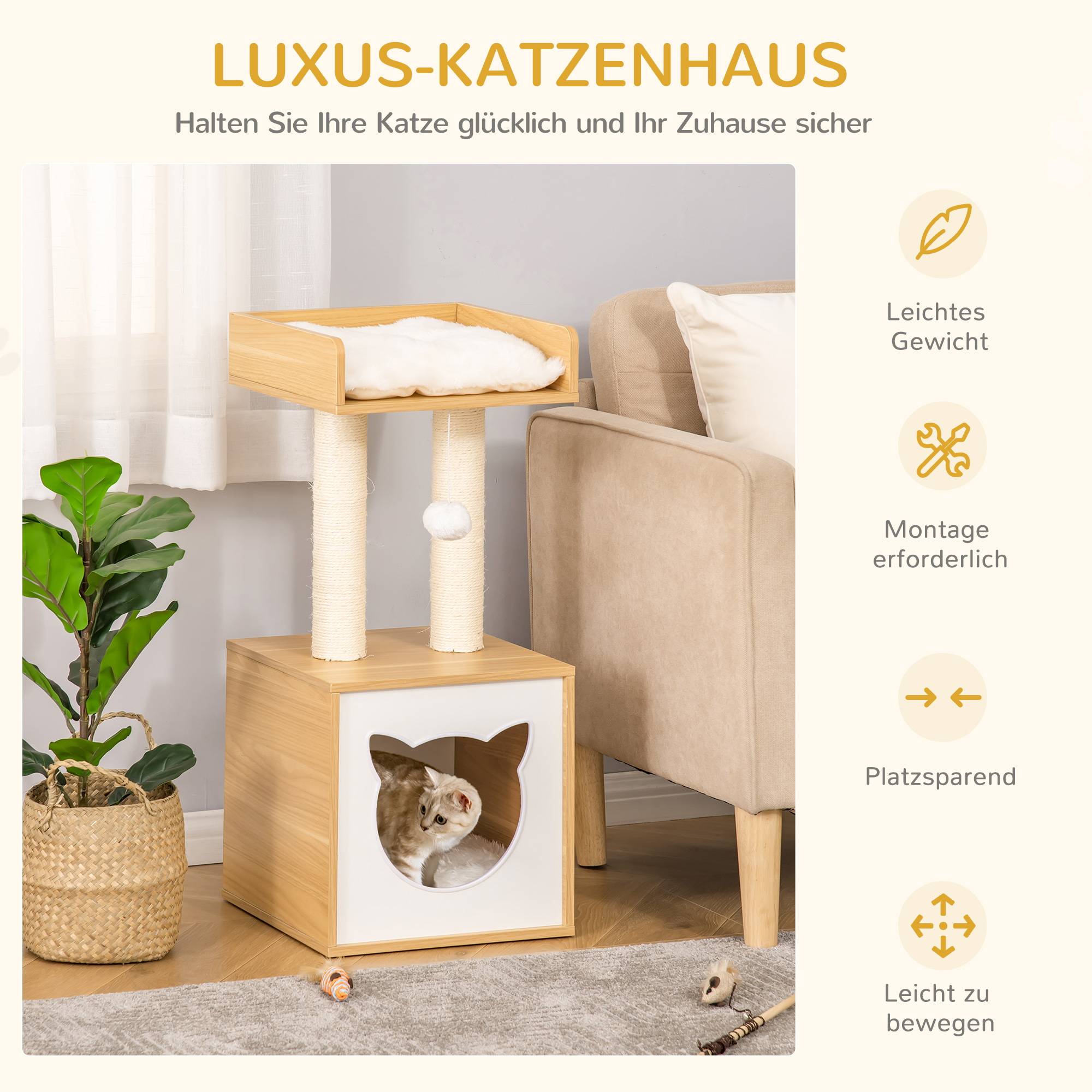 Sans Marque - Cabanne avec coussin lavable, plateforme, colonne, balle, 35x35x81 cm, Chêne - Image 6