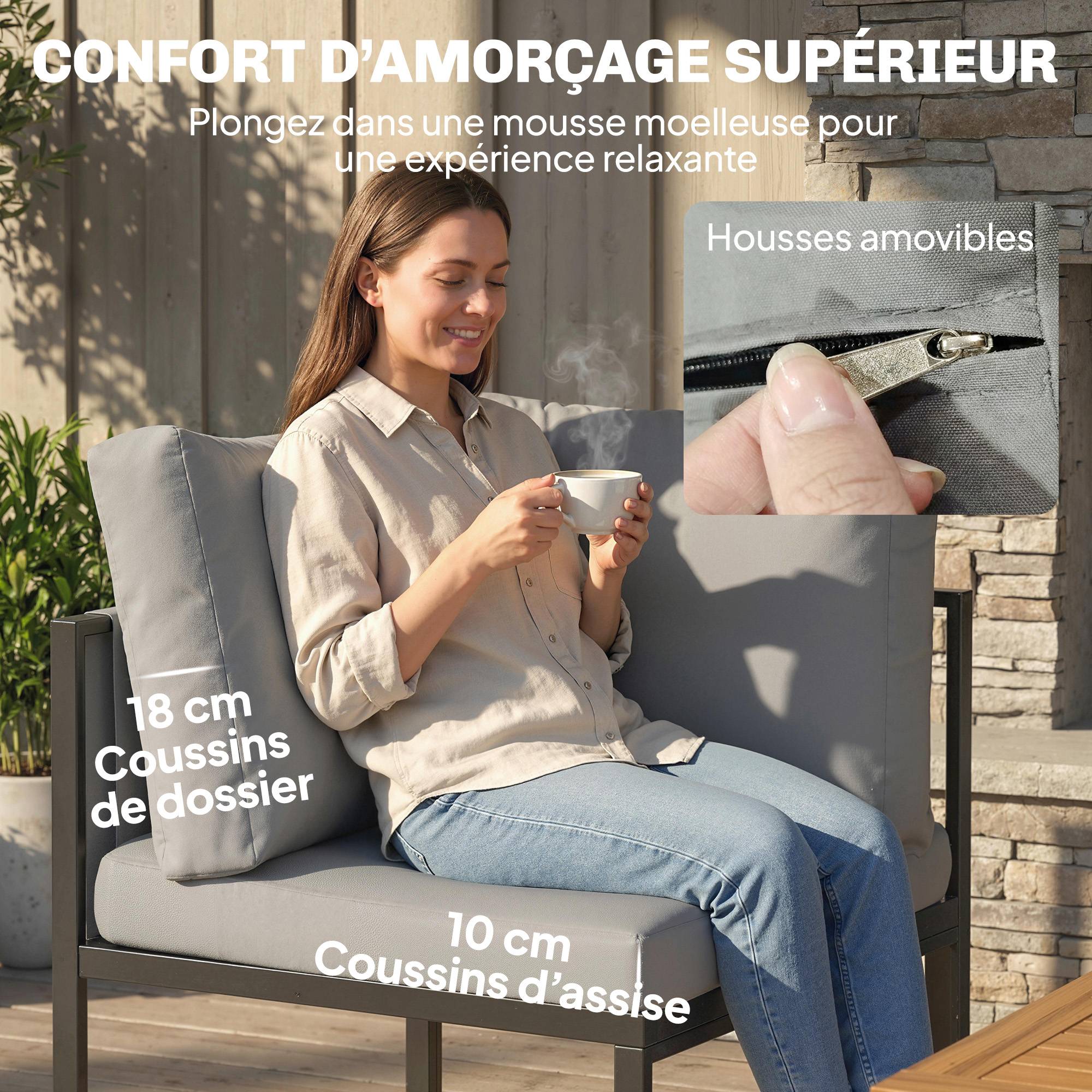 Salon de Jardin Canapé d'Angle Extérieur 6 Pièces Coussins 10cm Table Haute et 2 Repose-pieds Gris - Image 7