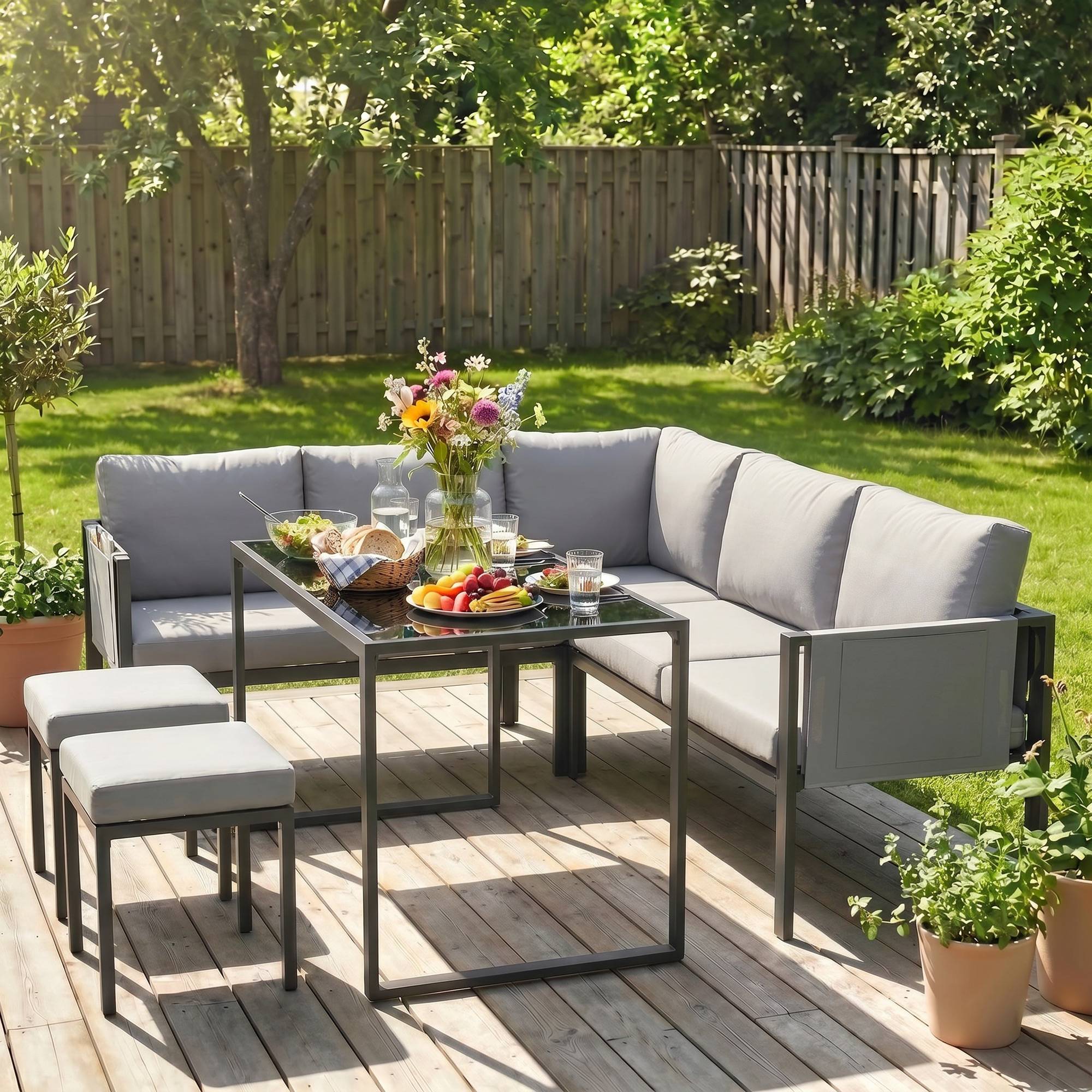 Salon de Jardin Canapé d'Angle Extérieur 6 Pièces Coussins 10cm Table Haute et 2 Repose-pieds Gris - Image 4