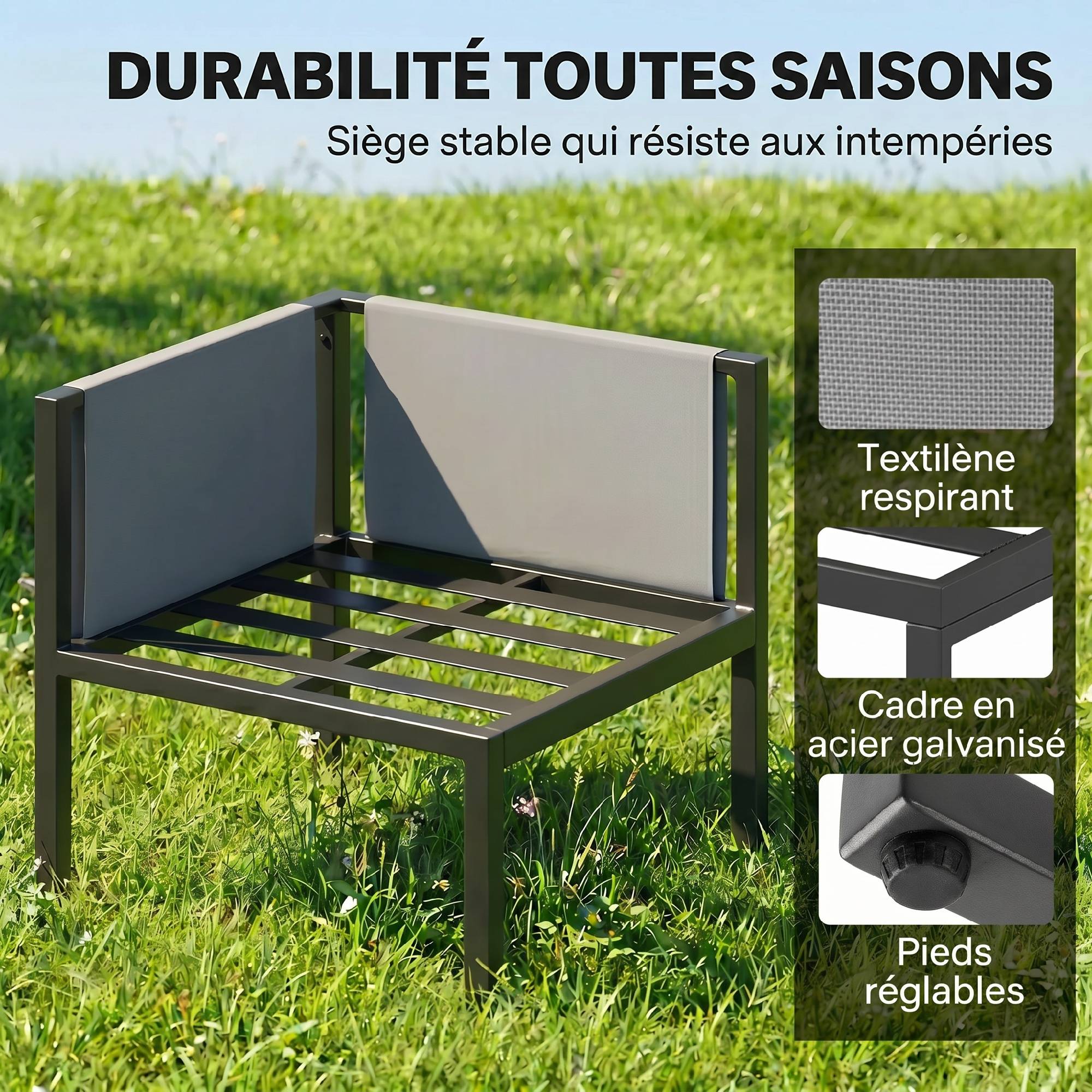Salon de Jardin Canapé d'Angle Extérieur 6 Pièces Coussins 10cm Table Haute et 2 Repose-pieds Gris - Image 10
