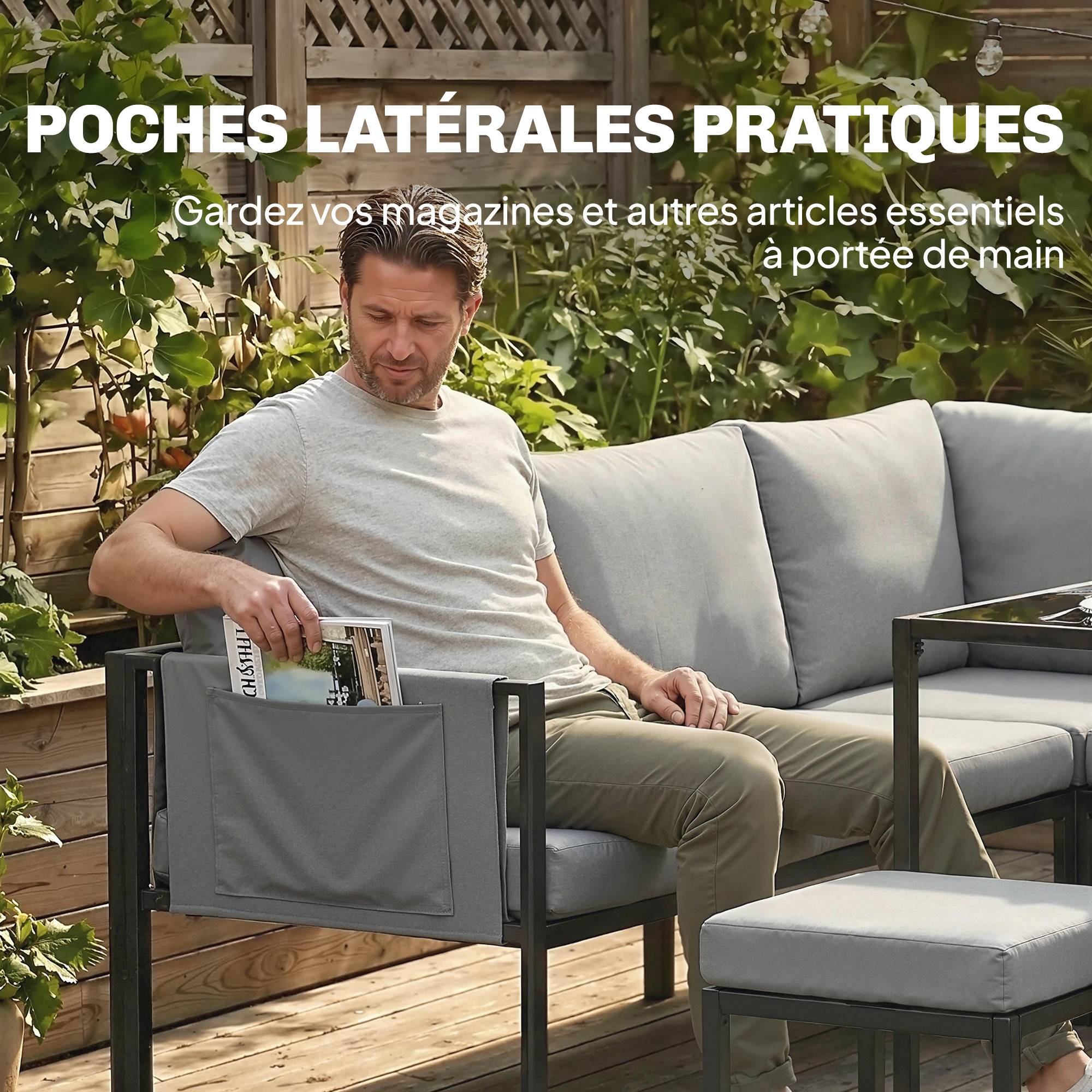 Salon de Jardin Canapé d'Angle Extérieur 6 Pièces Coussins 10cm Table Haute et 2 Repose-pieds Gris - Image 9