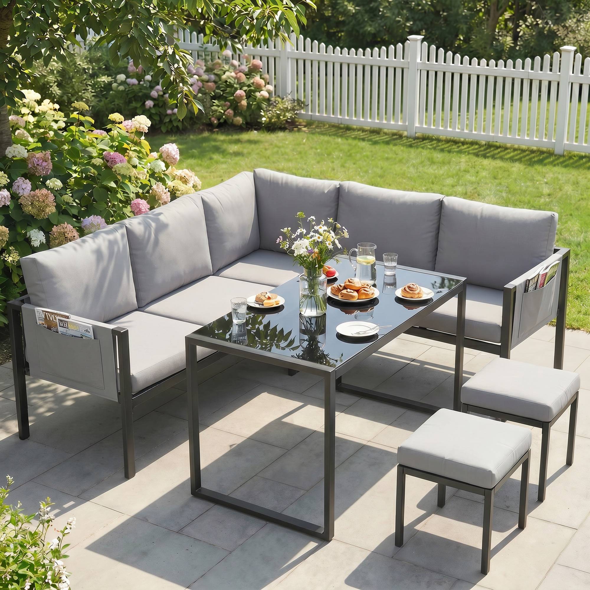 Salon de Jardin Canapé d'Angle Extérieur 6 Pièces Coussins 10cm Table Haute et 2 Repose-pieds Gris - Image 3
