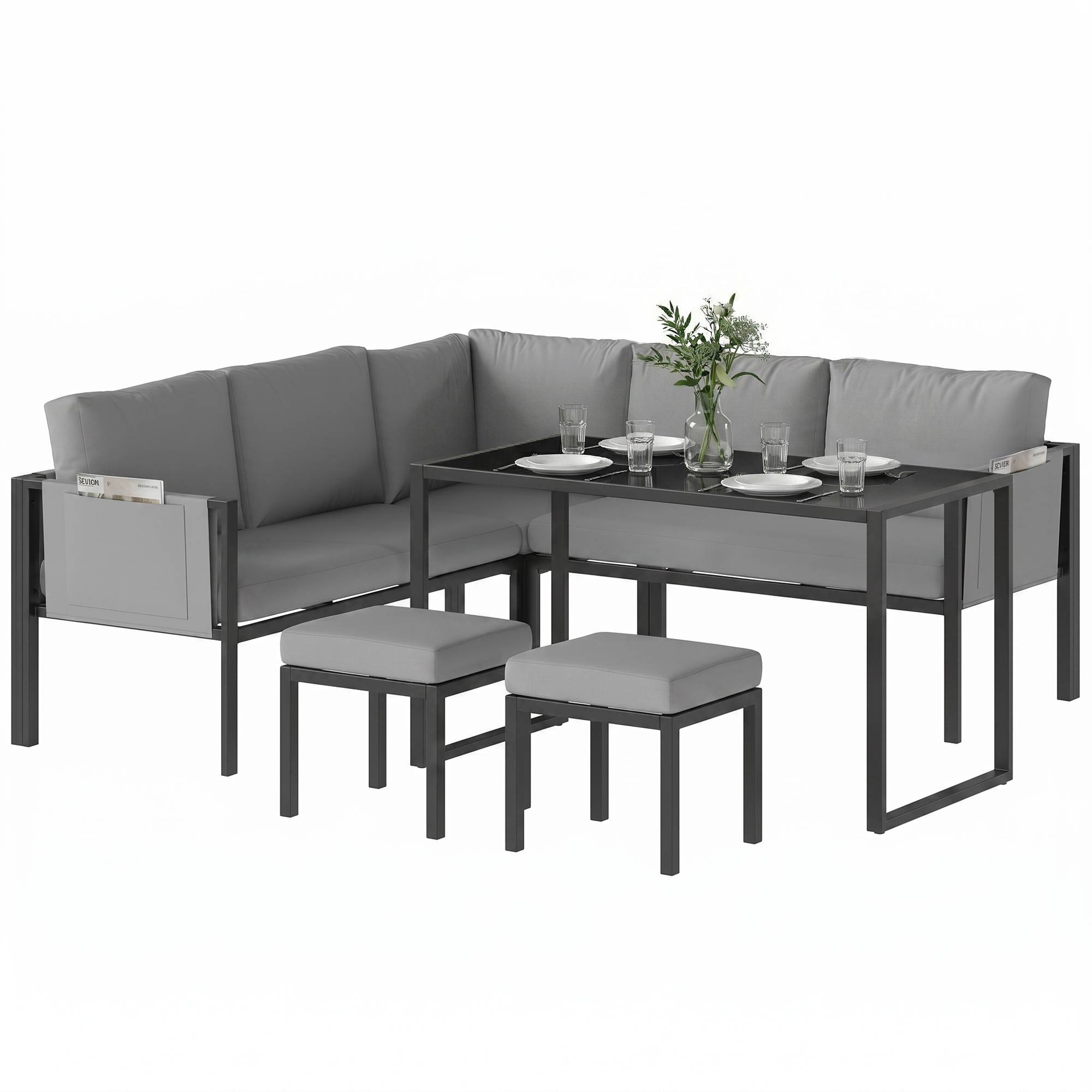 Salon de Jardin Canapé d'Angle Extérieur 6 Pièces Coussins 10cm Table Haute et 2 Repose-pieds Gris - Image 2