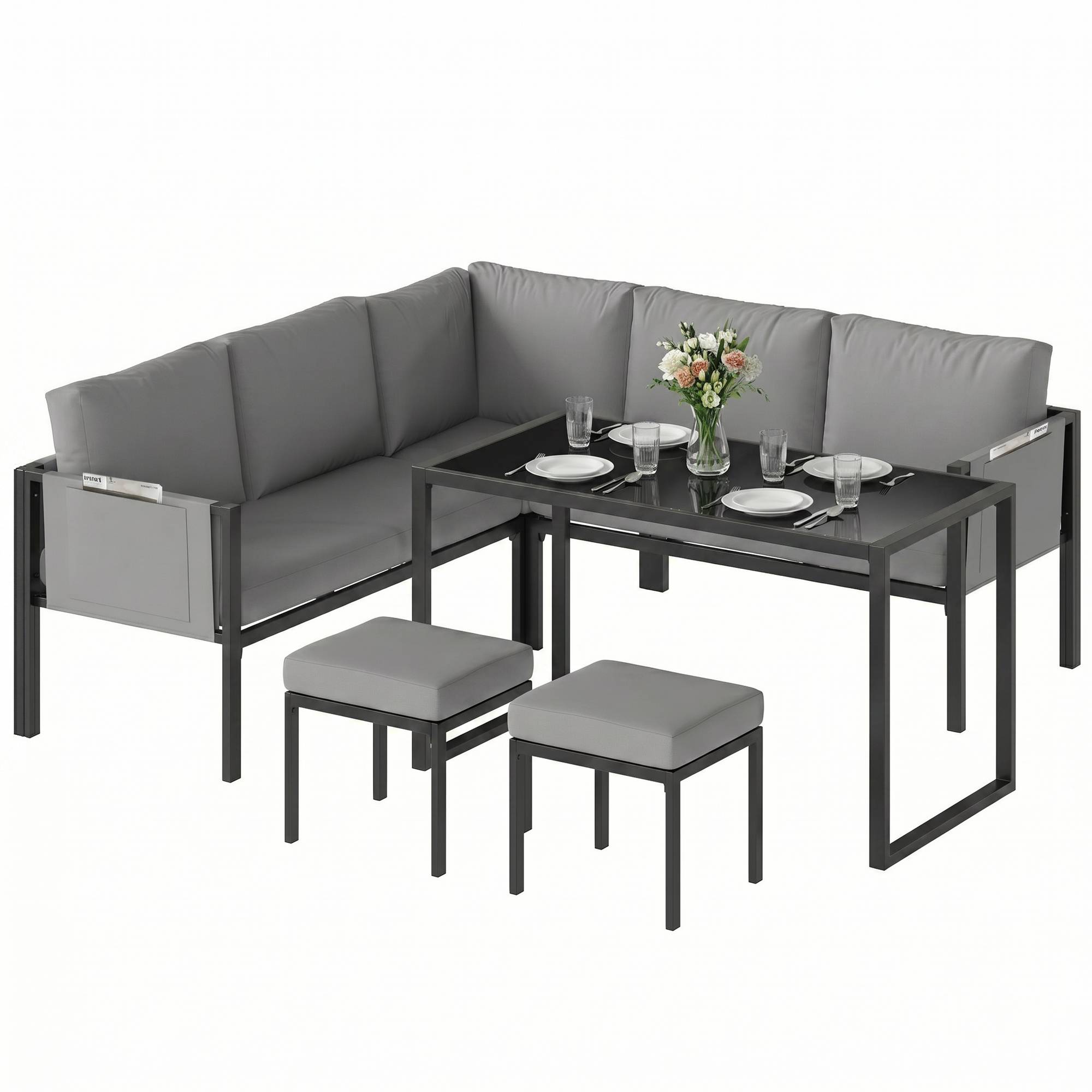Salon de Jardin Canapé d'Angle Extérieur 6 Pièces Coussins 10cm Table Haute et 2 Repose-pieds Gris - Image 1