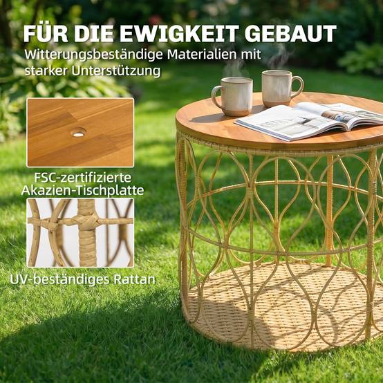 Table d'appoint extérieure bois d'acacia et résine tressée beige et teck 50 x 50 x 47.5 cm - PANGIVO - Image 6