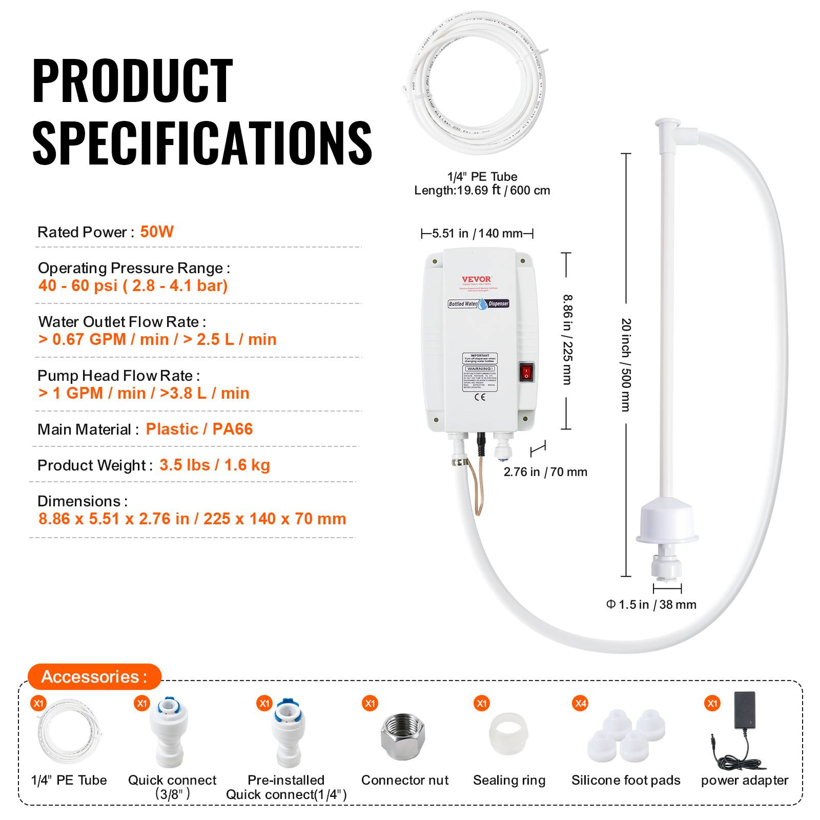 VEVOR Distributeur eau électrique, 3,78 L/min, 40 PSI. Pour machine espresso, bouteilles 11-22L. - Image 7
