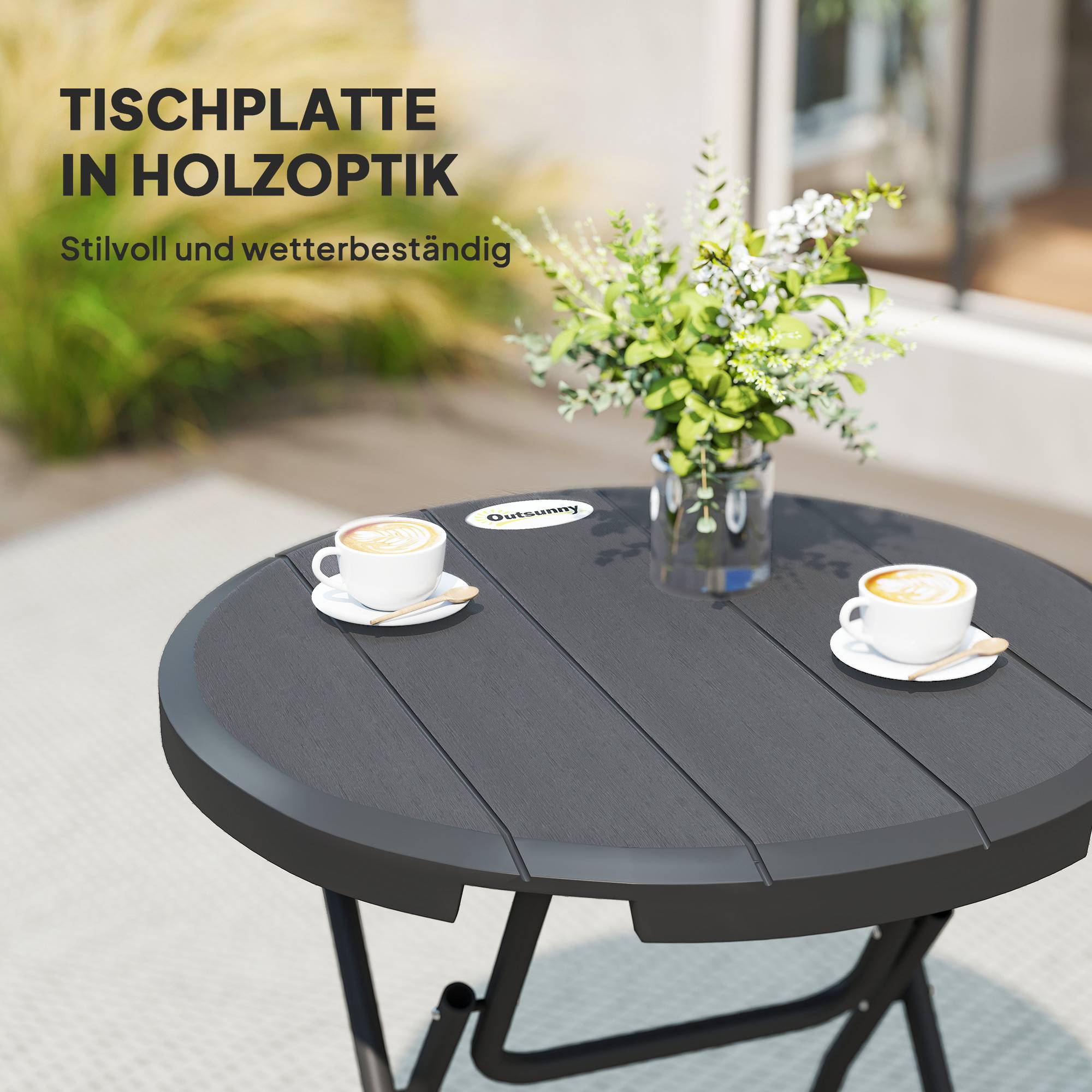 Table de jardin ronde et pliable pour 4 personnes, aspect bois, acier et plastique, gris foncé, 80 x 80 x 73 cm - Image 7