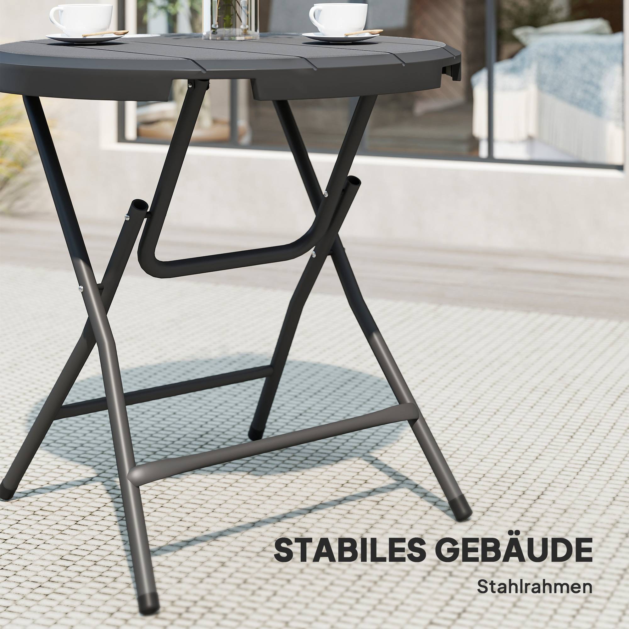 Table de jardin ronde et pliable pour 4 personnes, aspect bois, acier et plastique, gris foncé, 80 x 80 x 73 cm - Image 8