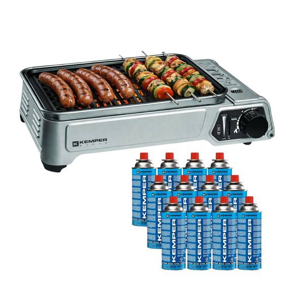 Barbecue à gaz 1900W Grille anti adhesive + 12 cartouches gaz camping KEMPER - Image 1