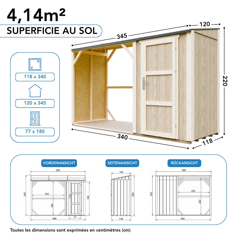 Timbela - Abri à bûches avec remise - 4,14 m² - 345x120xH220 cm - Abri pour bois de chauffage avec rangement - 10 mm d’épaisseur - M985 - Timbela - Image 8