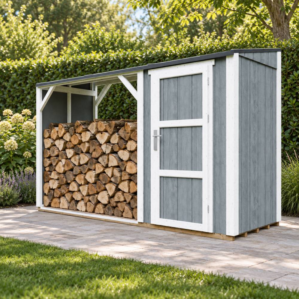 Timbela - Abri à bûches avec remise - 4,14 m² - 345x120xH220 cm - Abri pour bois de chauffage avec rangement - 10 mm d’épaisseur - M985 - Timbela - Image 4
