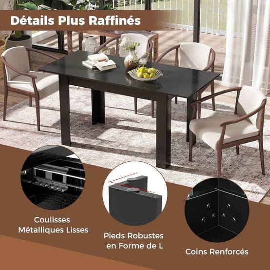 Costway - Table Extensible Salle a Manger, Table Cuisine Extensible 6 Personnes Bois et Noir, 120-158 cm, Pieds en Forme de L, Gain de Place - Image 7