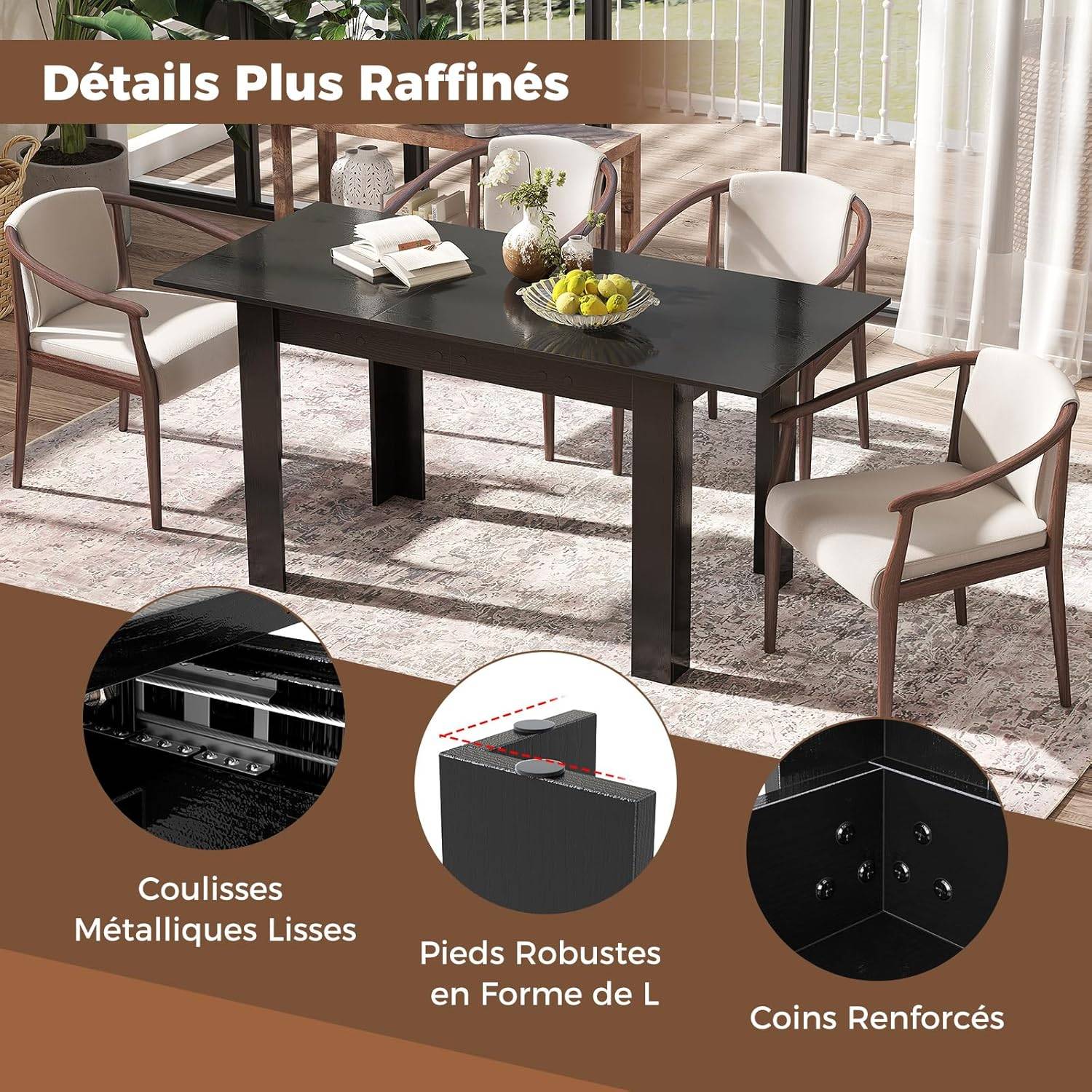 Costway - Table Extensible Salle a Manger, Table Cuisine Extensible 6 Personnes Bois et Noir, 120-158 cm, Pieds en Forme de L, Gain de Place - Image 7