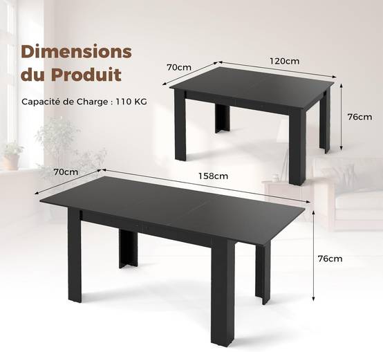 Costway - Table Extensible Salle a Manger, Table Cuisine Extensible 6 Personnes Bois et Noir, 120-158 cm, Pieds en Forme de L, Gain de Place - Image 3