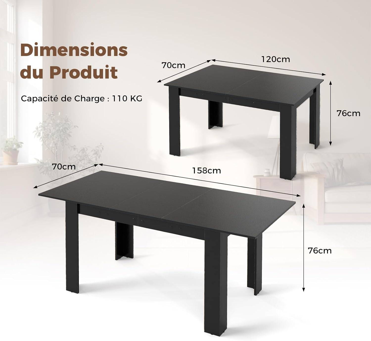 Costway - Table Extensible Salle a Manger, Table Cuisine Extensible 6 Personnes Bois et Noir, 120-158 cm, Pieds en Forme de L, Gain de Place - Image 3
