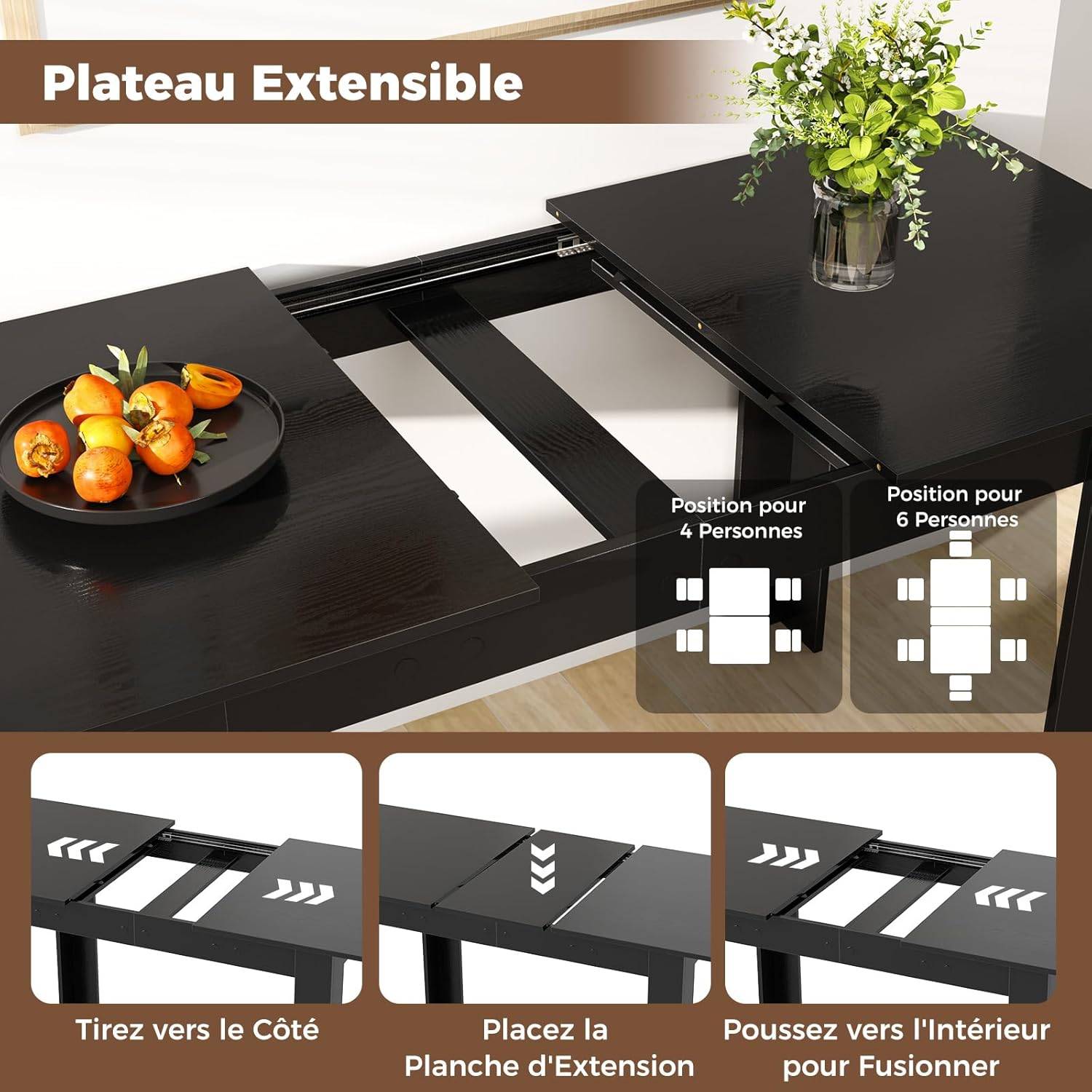 Costway - Table Extensible Salle a Manger, Table Cuisine Extensible 6 Personnes Bois et Noir, 120-158 cm, Pieds en Forme de L, Gain de Place - Image 5