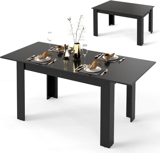 Costway - Table Extensible Salle a Manger, Table Cuisine Extensible 6 Personnes Bois et Noir, 120-158 cm, Pieds en Forme de L, Gain de Place - Image 1