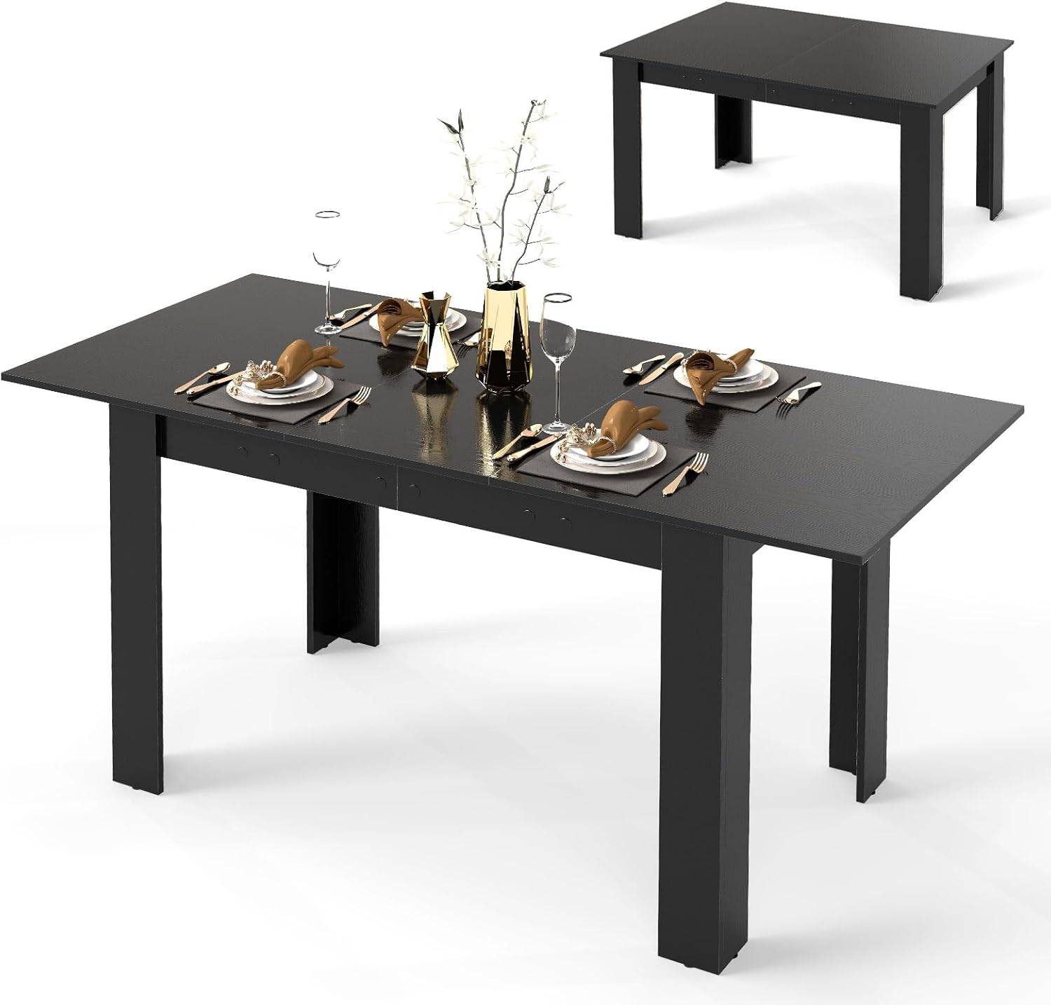 Costway - Table Extensible Salle a Manger, Table Cuisine Extensible 6 Personnes Bois et Noir, 120-158 cm, Pieds en Forme de L, Gain de Place - Image 1