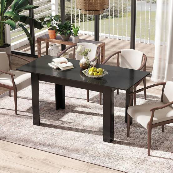 Costway - Table Extensible Salle a Manger, Table Cuisine Extensible 6 Personnes Bois et Noir, 120-158 cm, Pieds en Forme de L, Gain de Place - Image 4
