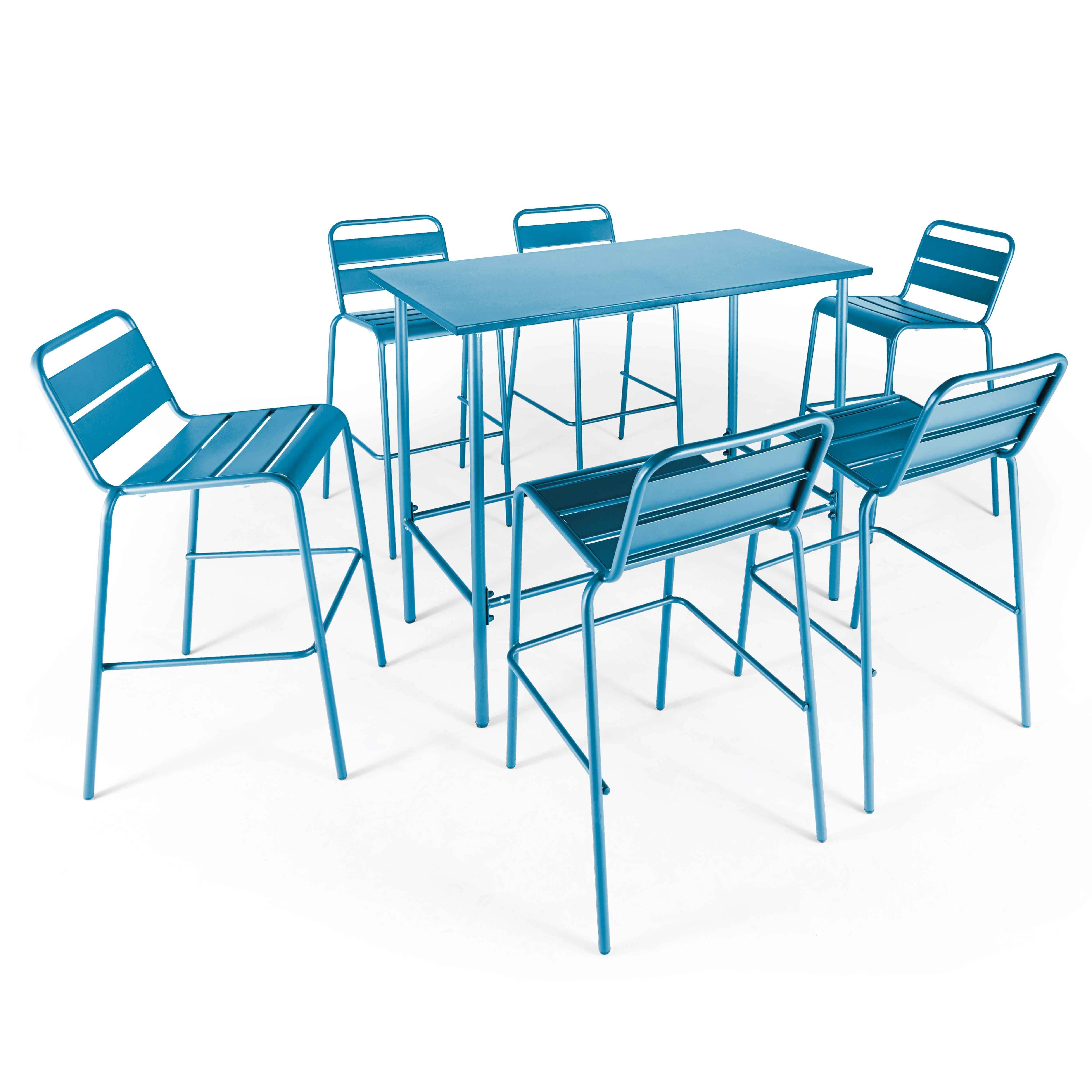 Oviala - Ensemble table haute de jardin et 6 chaises en métal bleu pacific Palavas - Oviala - Image 1