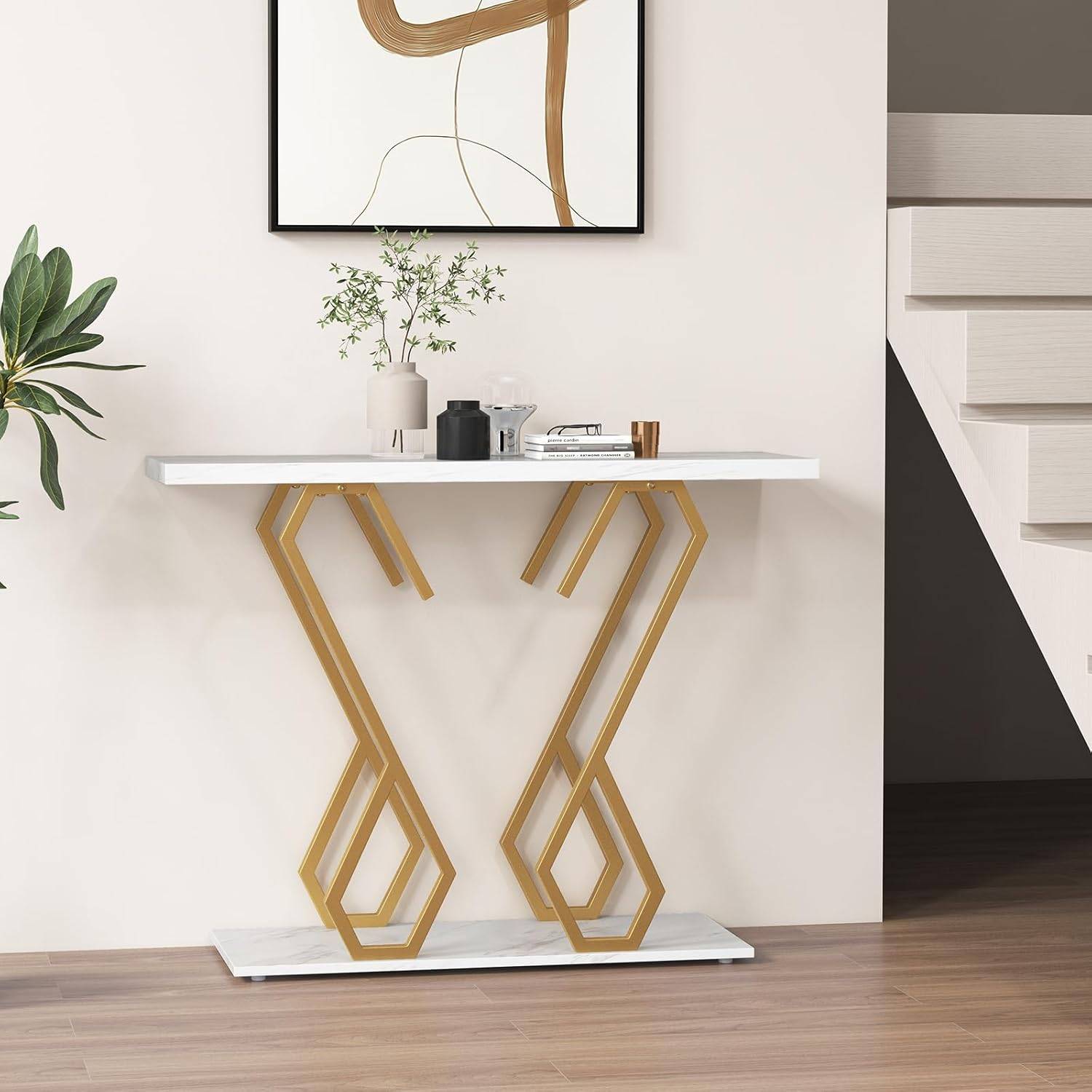 Table Console Entrée Faux Marbre Design Géométrique Moderne Cadre