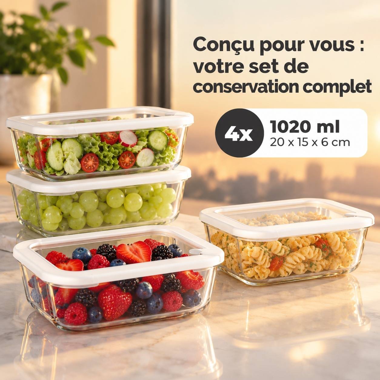 Boîte en Verre Borosilicate 4x1020ml Hermétique avec Couvercle - Image 2