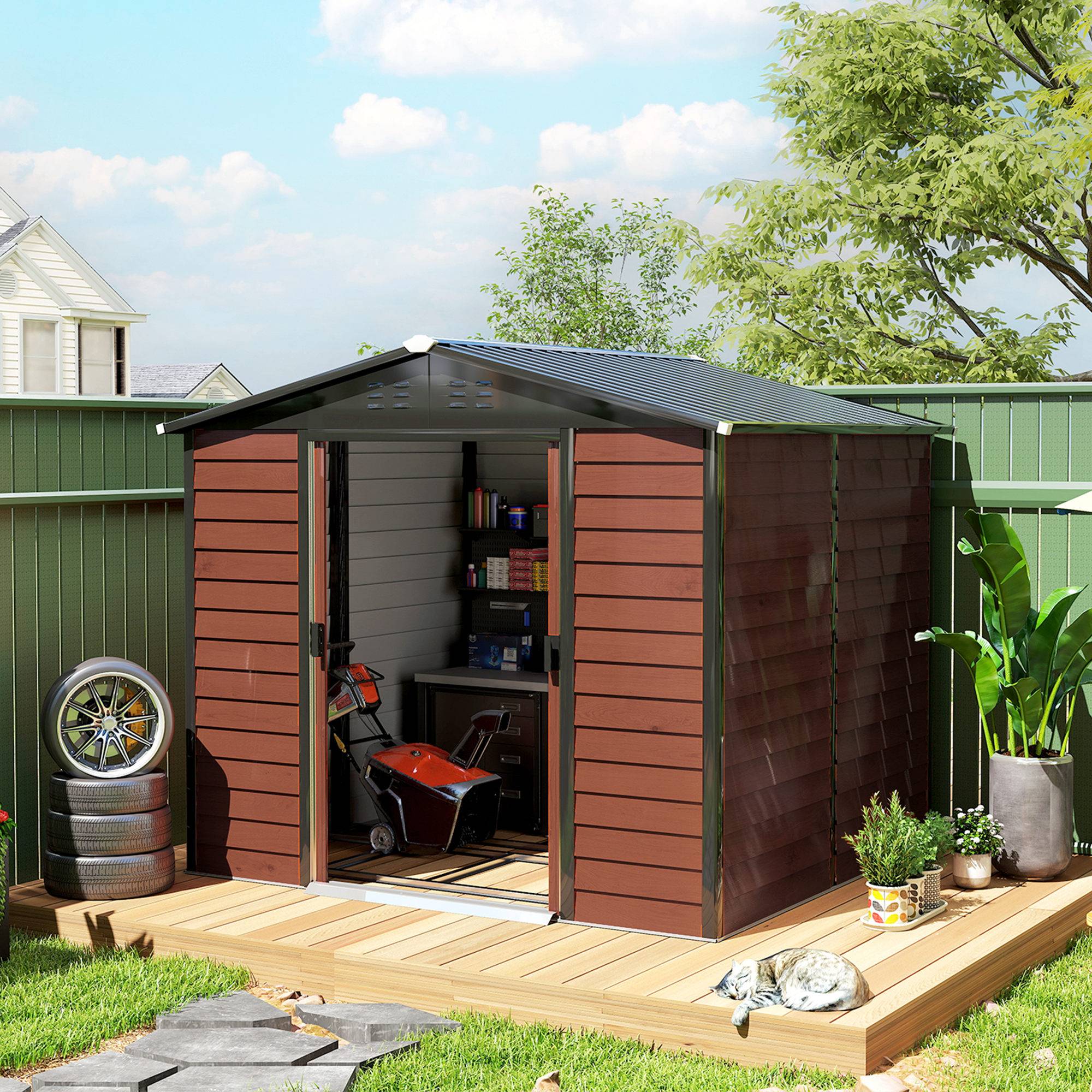 ComfortXL - Abri de jardin acier galvanisé 240 x 206 x 198 cm effet teck pour outils et vélo - ComfortXL Outdoor Living - Image 4