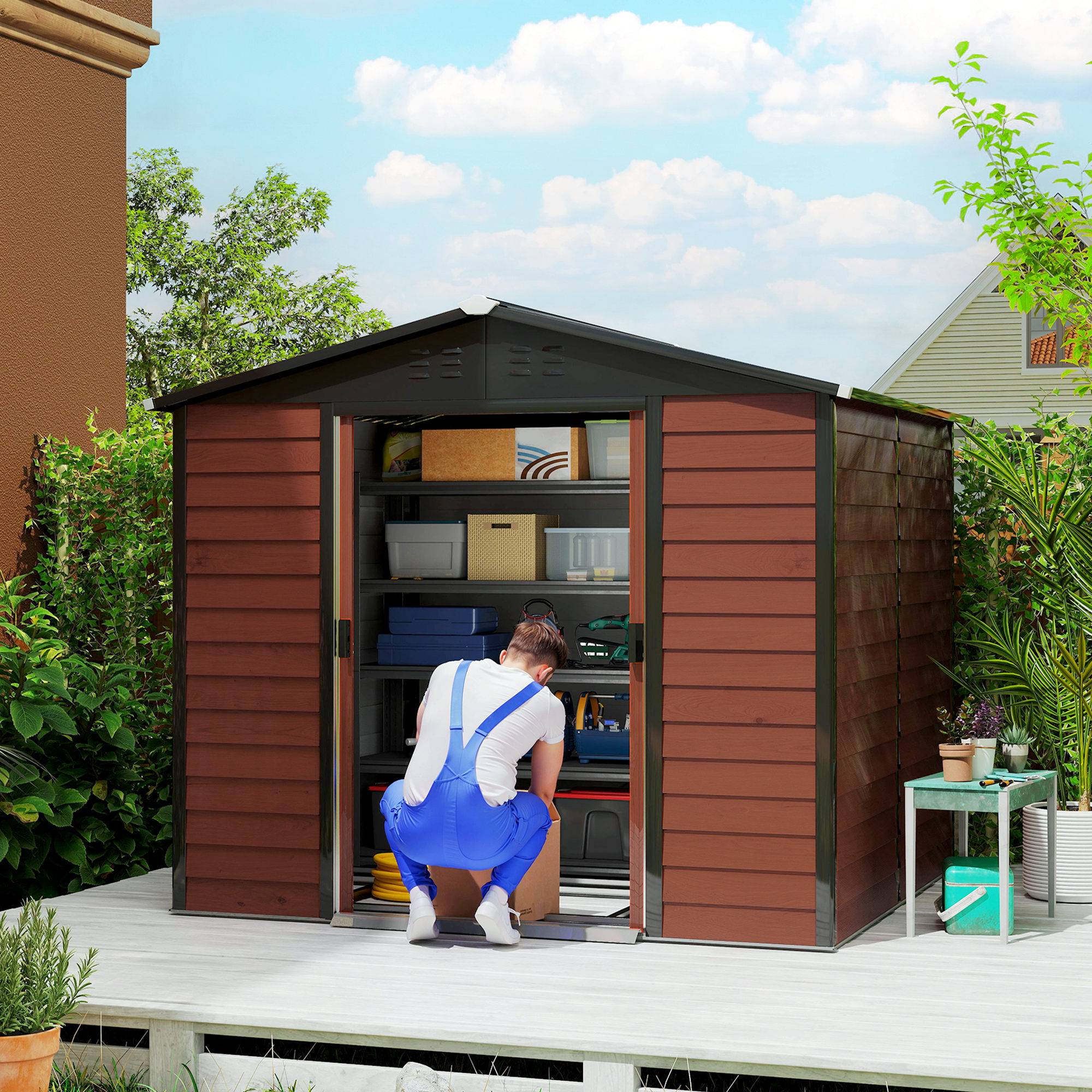 ComfortXL - Abri de jardin acier galvanisé 240 x 206 x 198 cm effet teck pour outils et vélo - ComfortXL Outdoor Living - Image 3