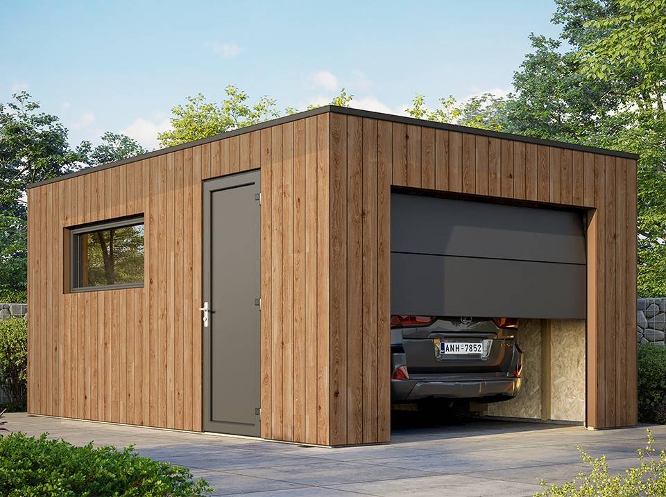 Direct Abris - Garage Bois Traité RINGWOOD - Surface intérieure : 20m2 - Porte Sectionnelle - Structure OSB - Membrane EPDM - 1 Voiture - Image 1