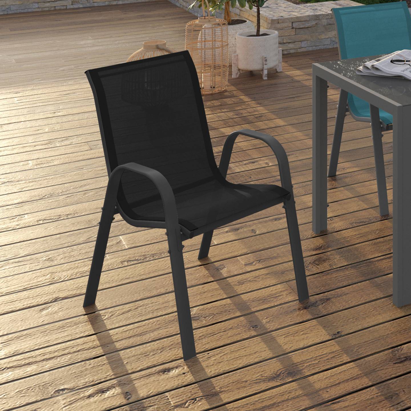 Lot de 6 chaises de jardin LYMA métal et textilène empilables gris, noir et bleu - Image 1