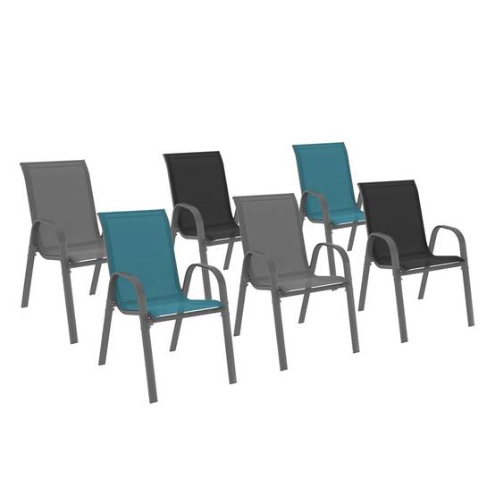 Lot de 6 chaises de jardin LYMA métal et textilène empilables gris, noir et bleu - Image 2
