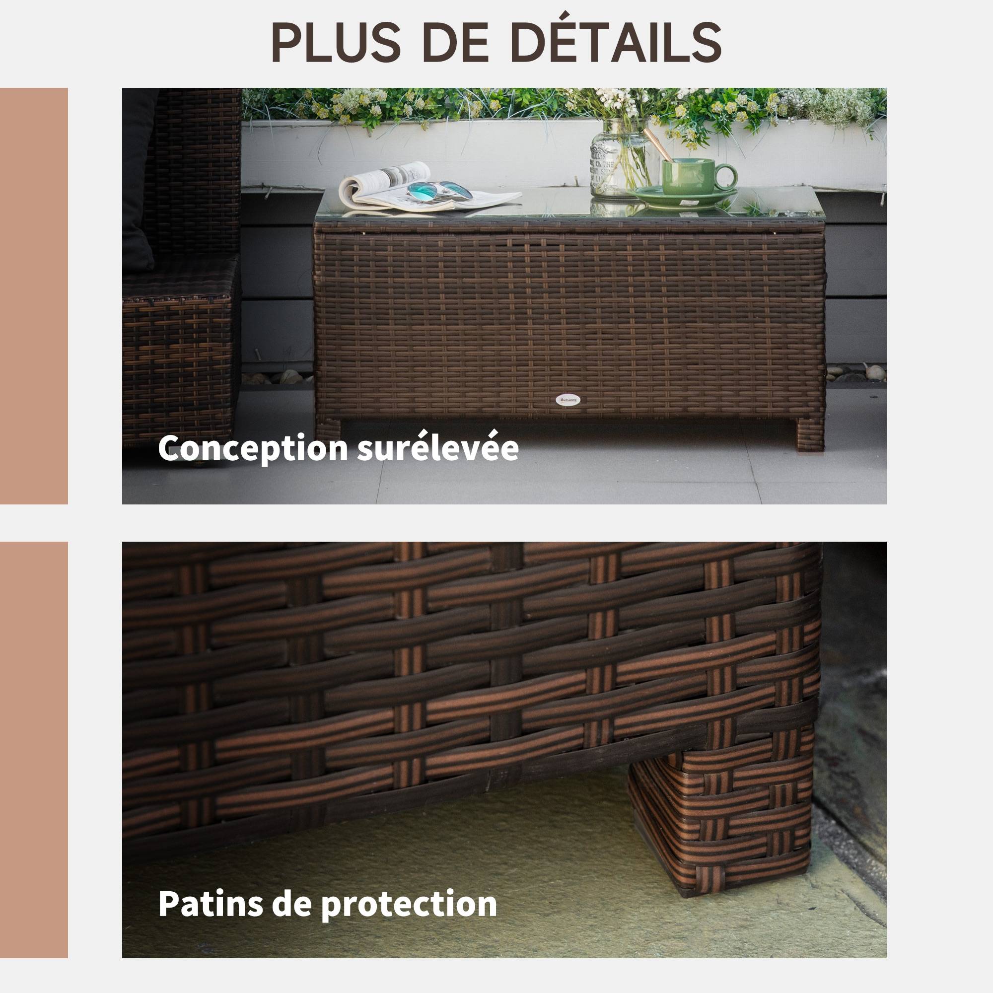 Table Basse de Jardin Plateau Verre trempé 5 mm rotin tressé 85 x 50 x 39cm Max. 50 kg Marron - Image 6