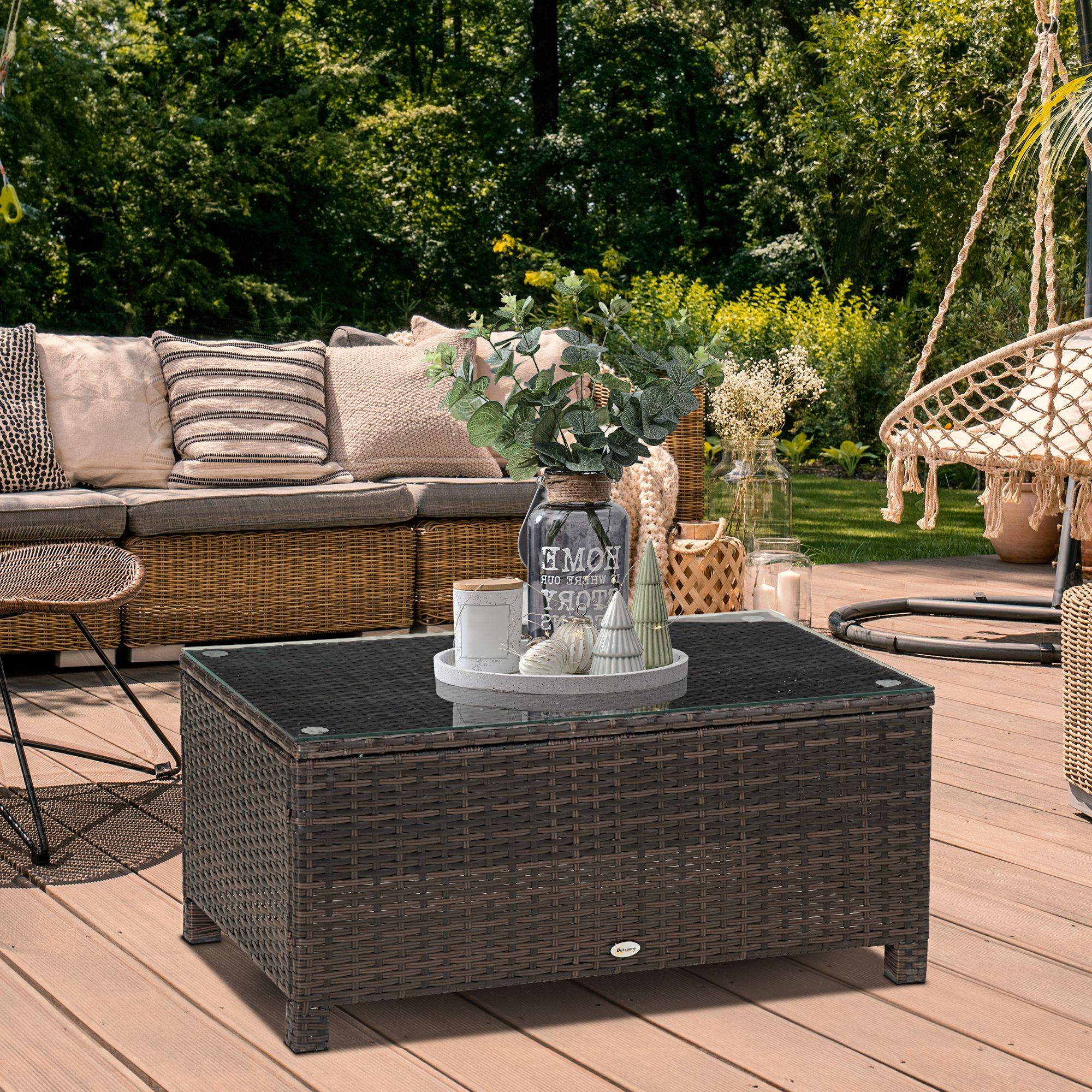Table Basse de Jardin Plateau Verre trempé 5 mm rotin tressé 85 x 50 x 39cm Max. 50 kg Marron - Image 4