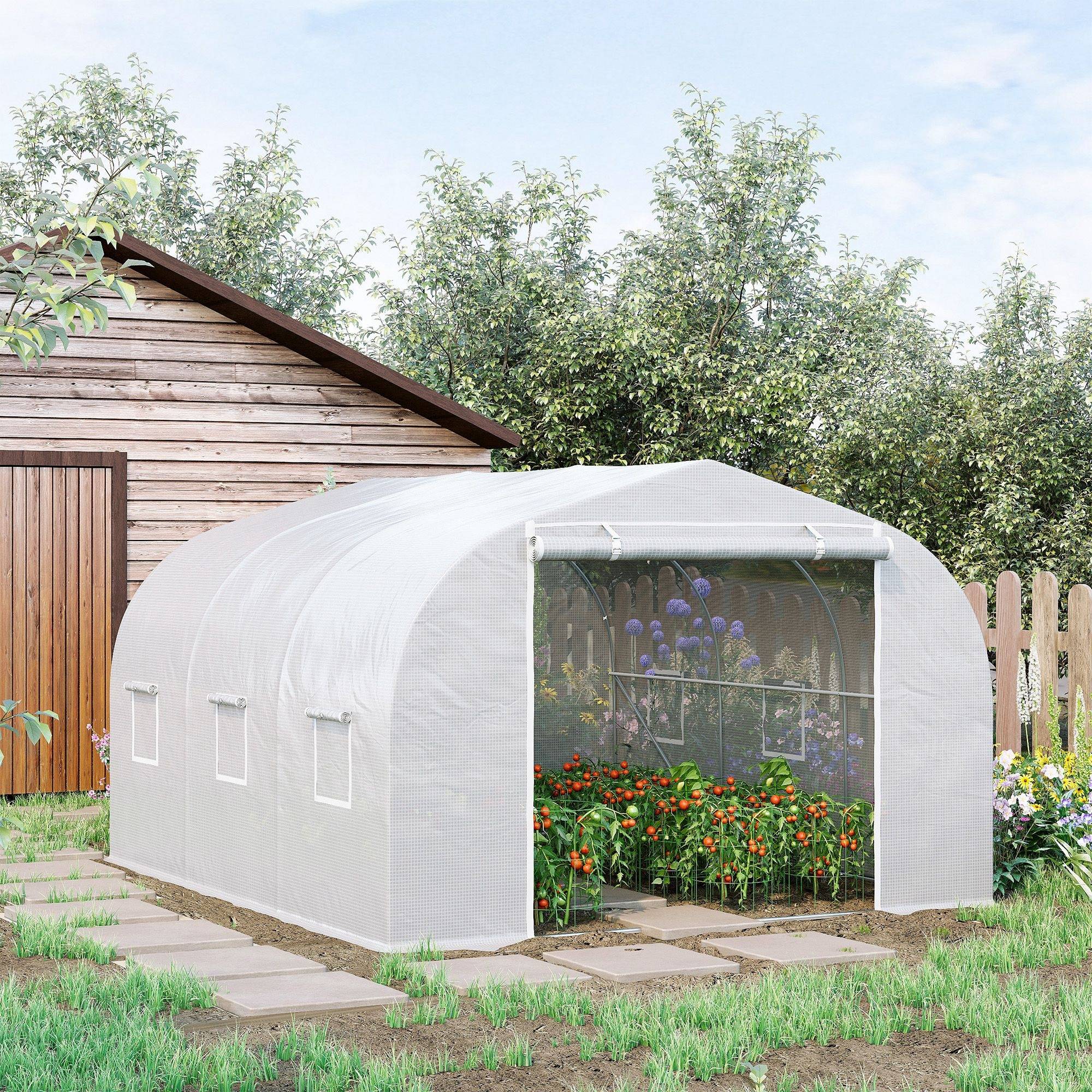 Serre de jardin serre tunnel de Jardin dim. 3,5L x 3l x 2H m Porte + 6 fenêtres enroulables Acier galvanisé bâche PE Haute densité Blanc - Image 2