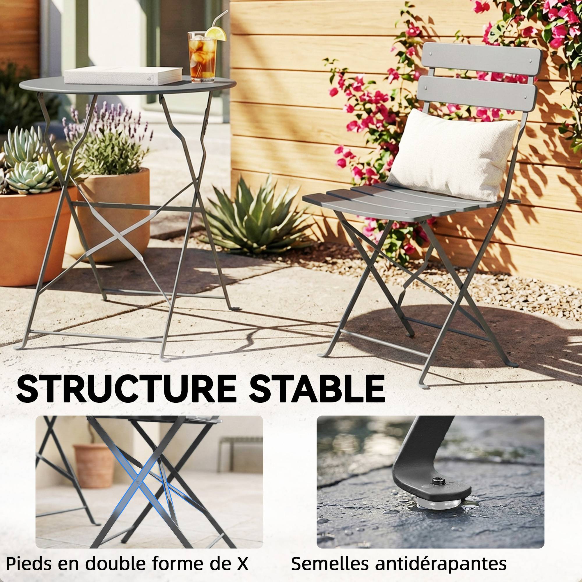 Ensemble de Bistrot Jardin 3 Pièces Table et 2 Chaises Pliantes avec Double Protection Anti-Rouille Métal Gris - Image 10