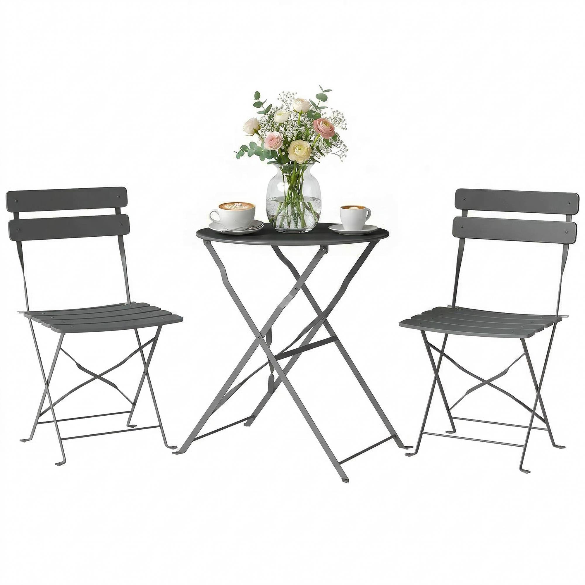 Ensemble de Bistrot Jardin 3 Pièces Table et 2 Chaises Pliantes avec Double Protection Anti-Rouille Métal Gris - Image 1