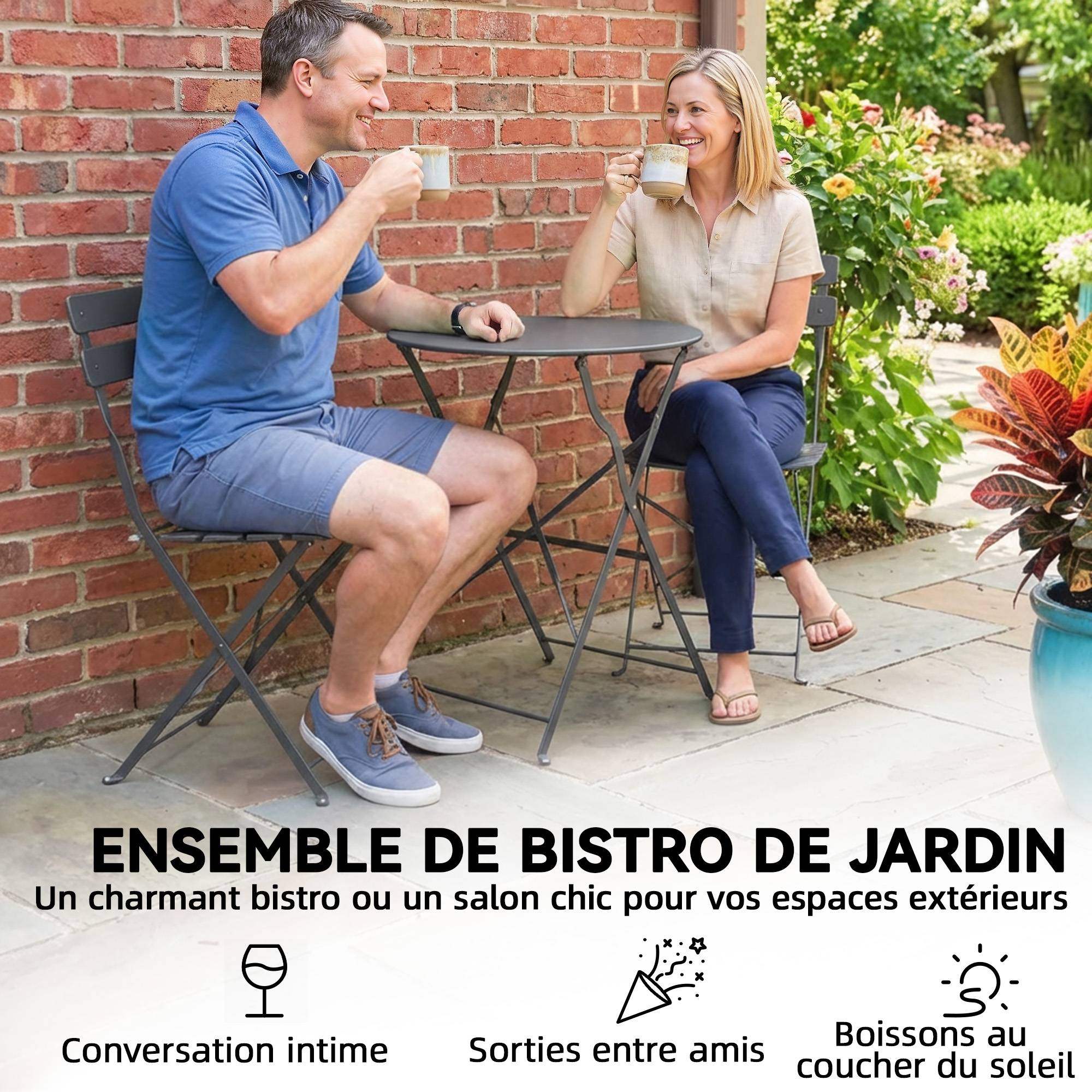 Ensemble de Bistrot Jardin 3 Pièces Table et 2 Chaises Pliantes avec Double Protection Anti-Rouille Métal Gris - Image 7