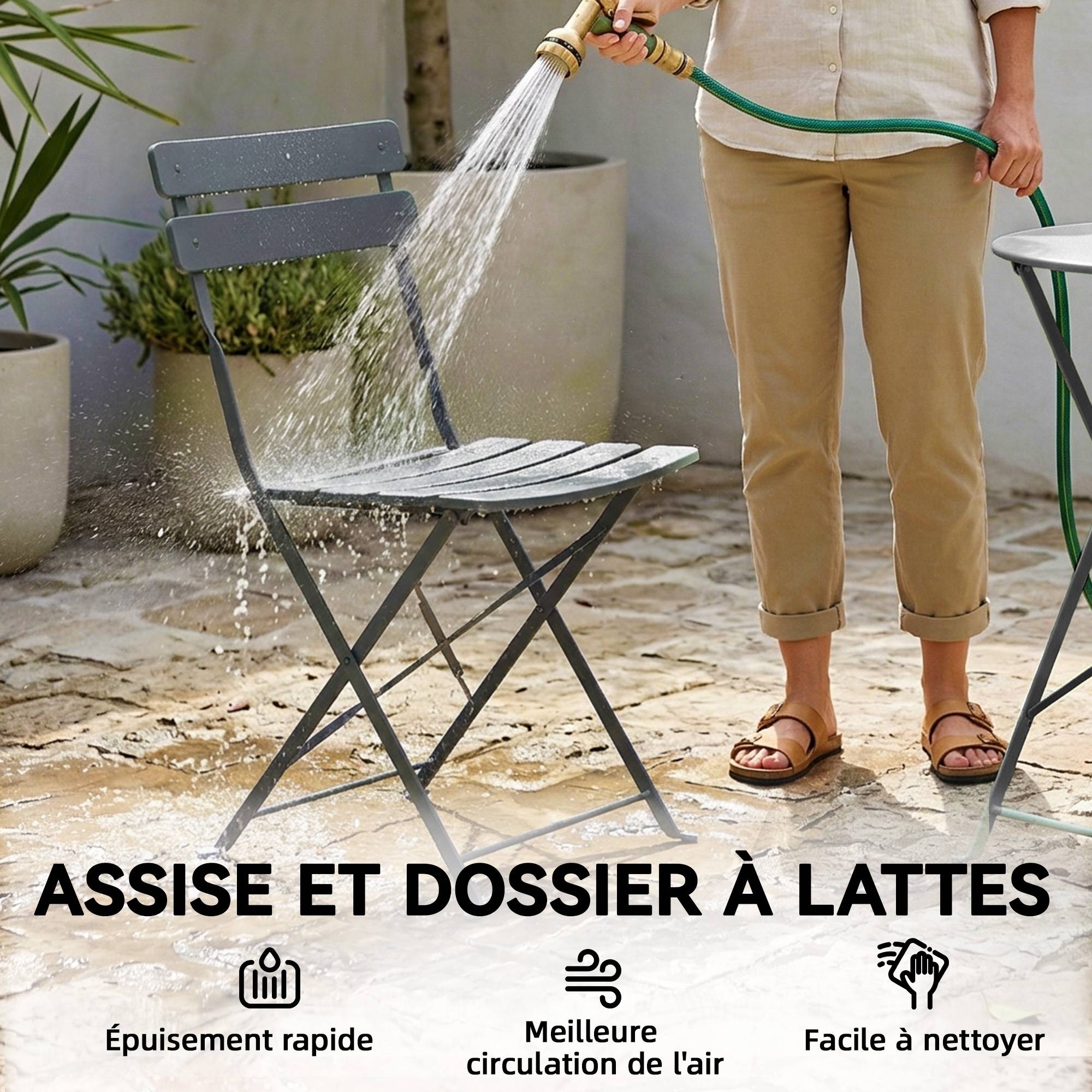 Ensemble de Bistrot Jardin 3 Pièces Table et 2 Chaises Pliantes avec Double Protection Anti-Rouille Métal Gris - Image 9